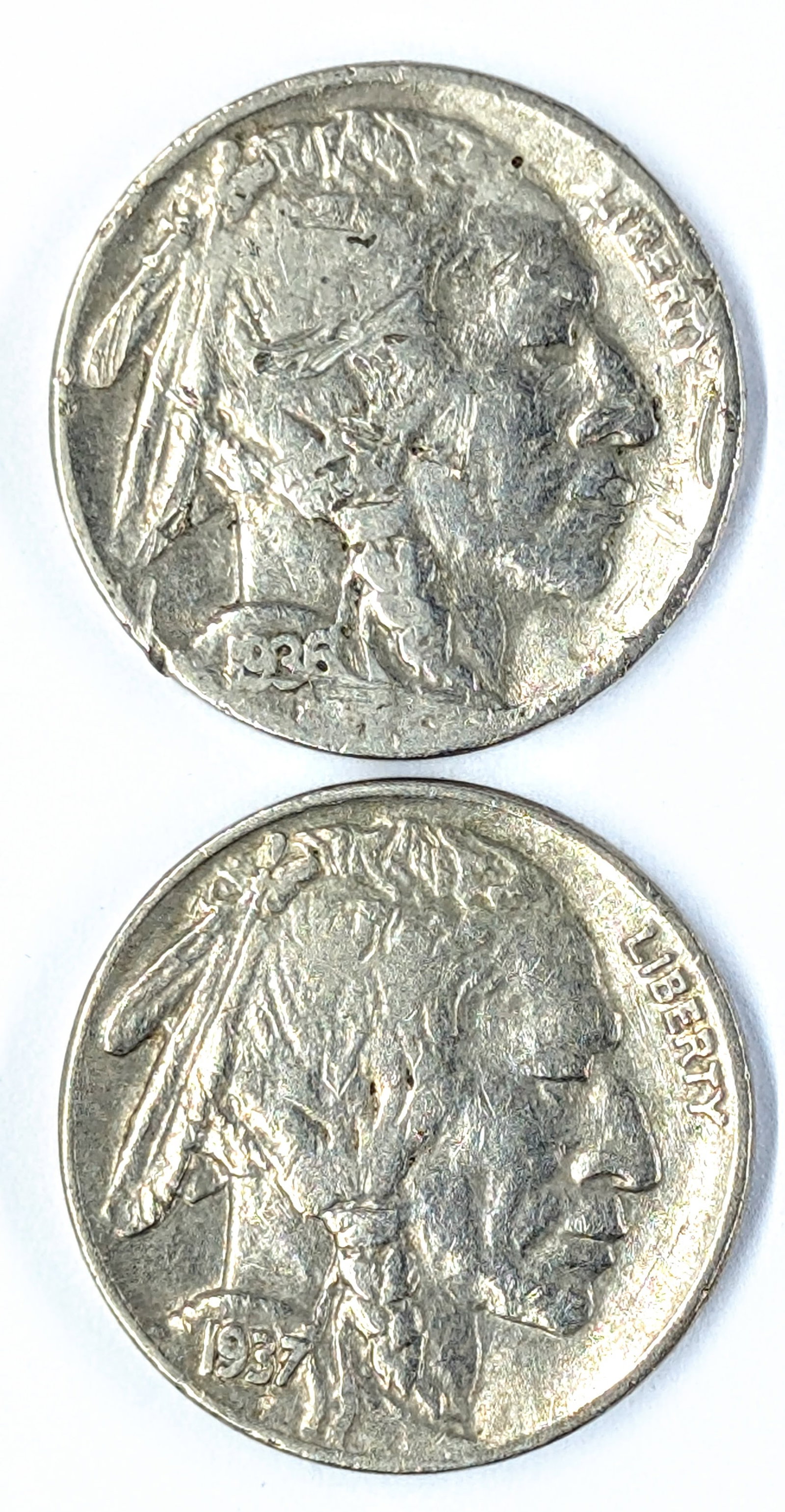 Lot of 2 Buffalo Head Nickels- 1936, 1937: Coin