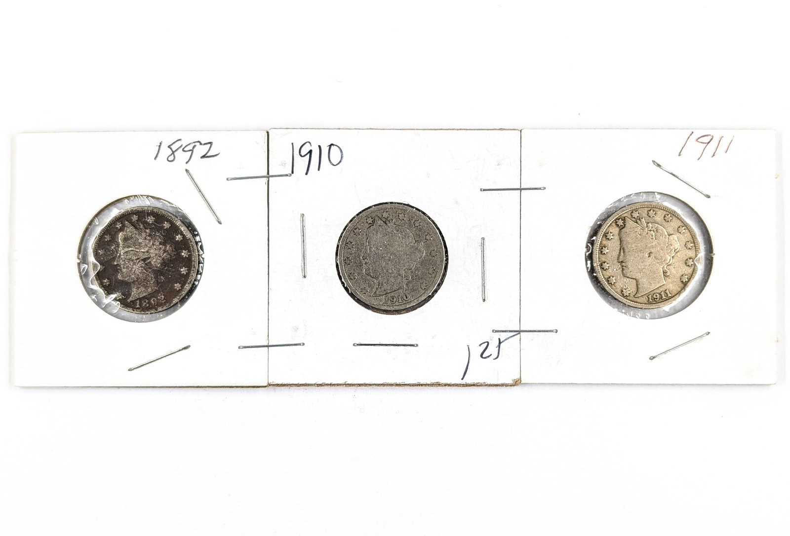 Lot of 3 Liberty V Nickels- 1892, 1910, 1911: Coin