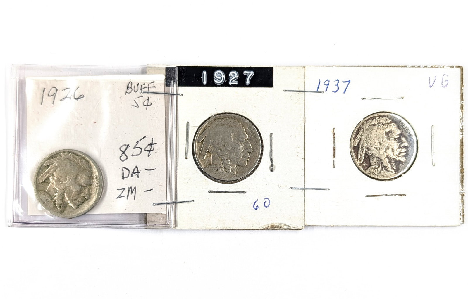 lot of 3 Buffalo Head Nickels- 1926, 1927, 1937: Coin