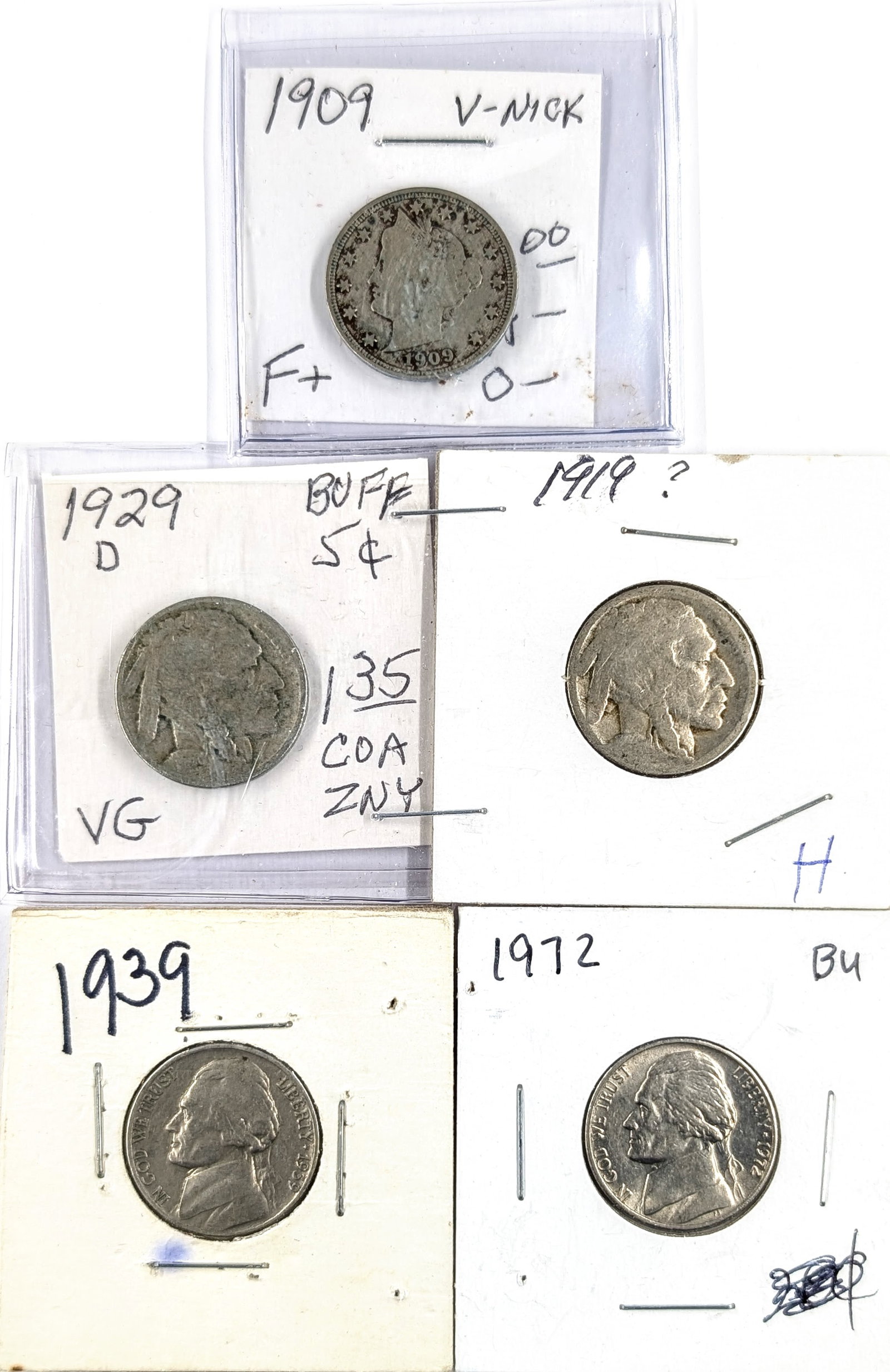 Lot of 5 Nickels- 1909 V-Nickels, 1929,1919 Buffalo, 1939, 1972 Jeffersons: Coin