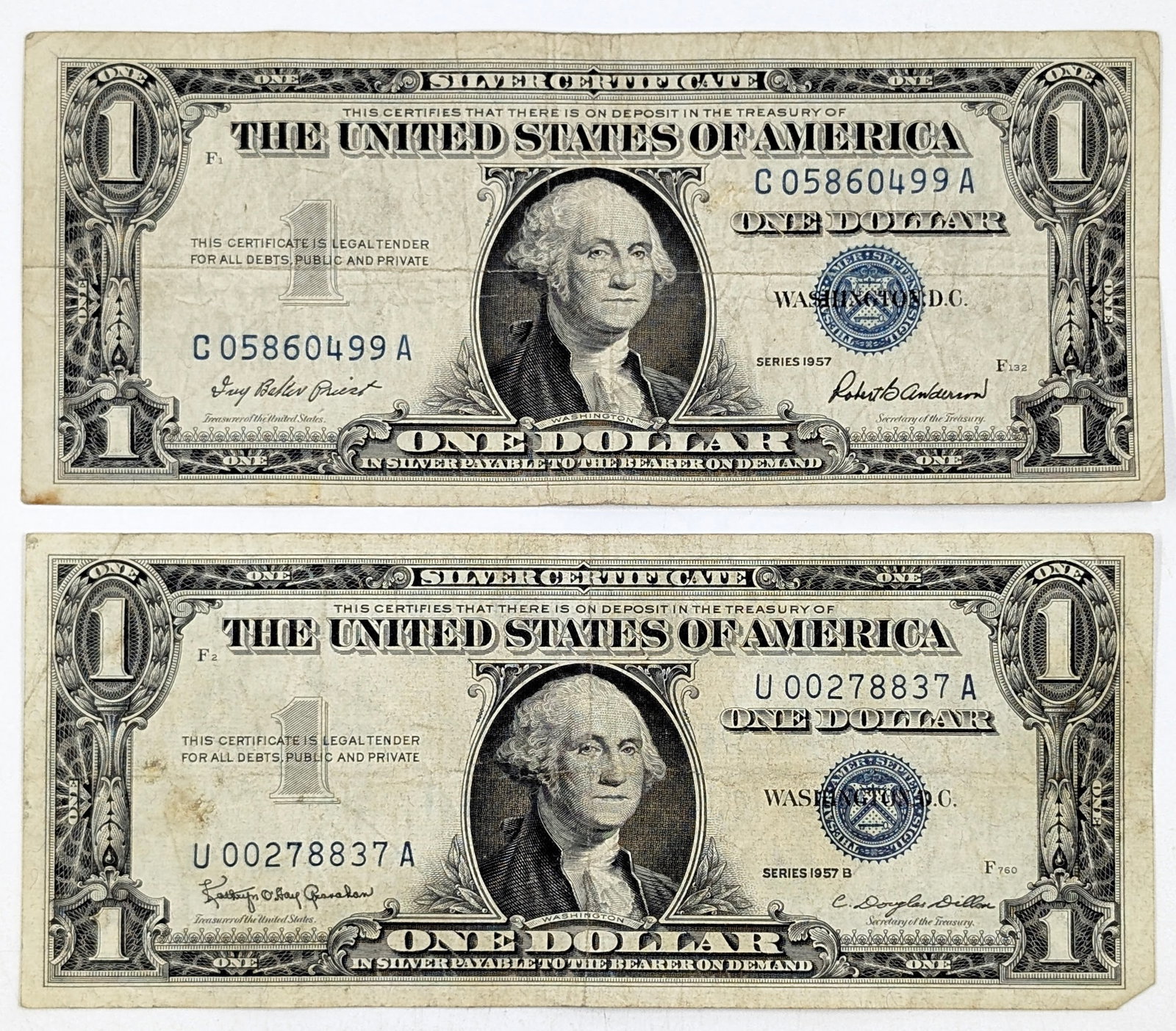 Lot of 2 - 1957/B $1 Notes - Silver Certificates: Circulated Condition