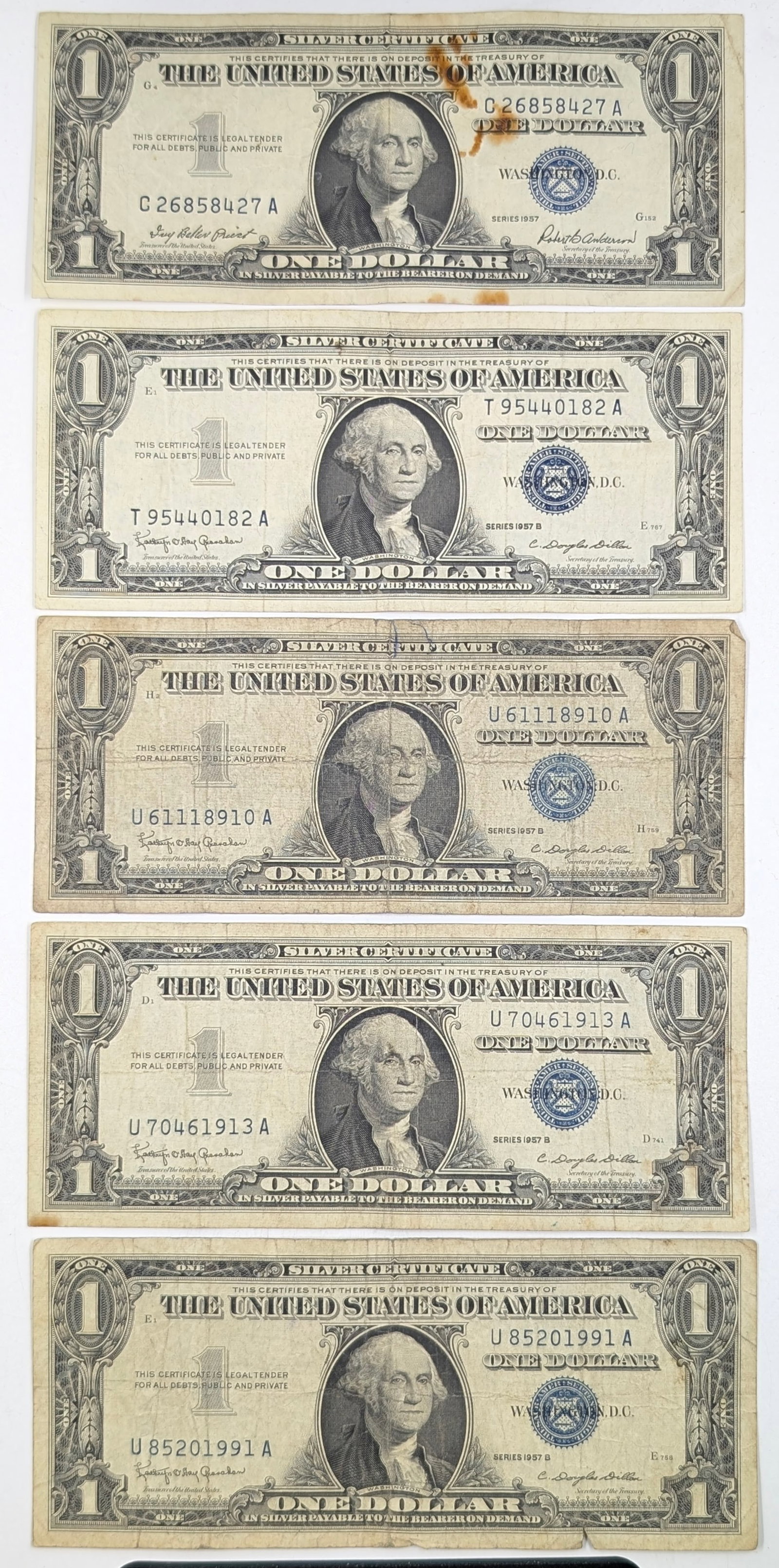 Lot of 5 - 1957/B $1 Notes - Silver Certificates: Circulated Condition