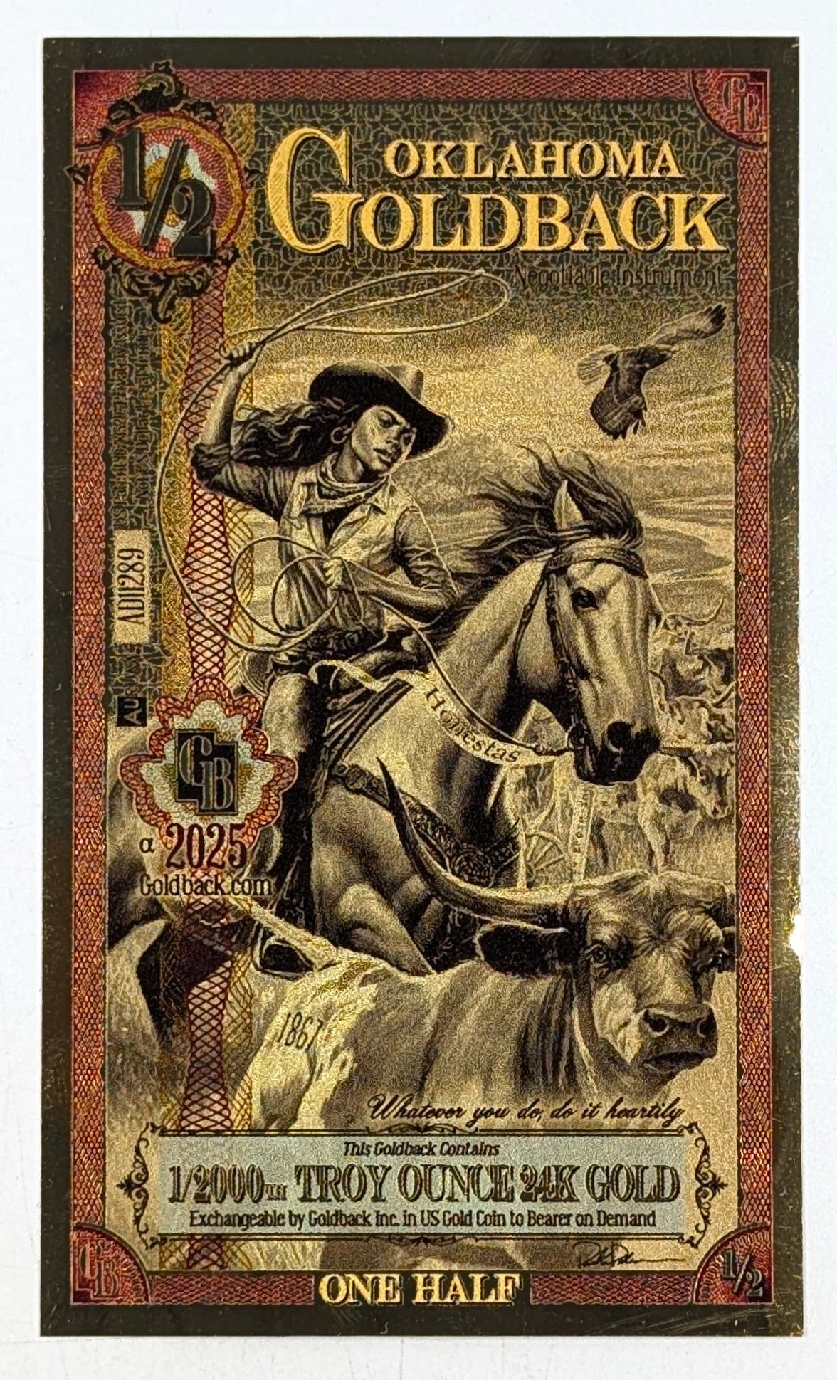 2025 1/2 Oklahoma Goldback 1/2000th Troy Ounce 24K Gold: Goldback