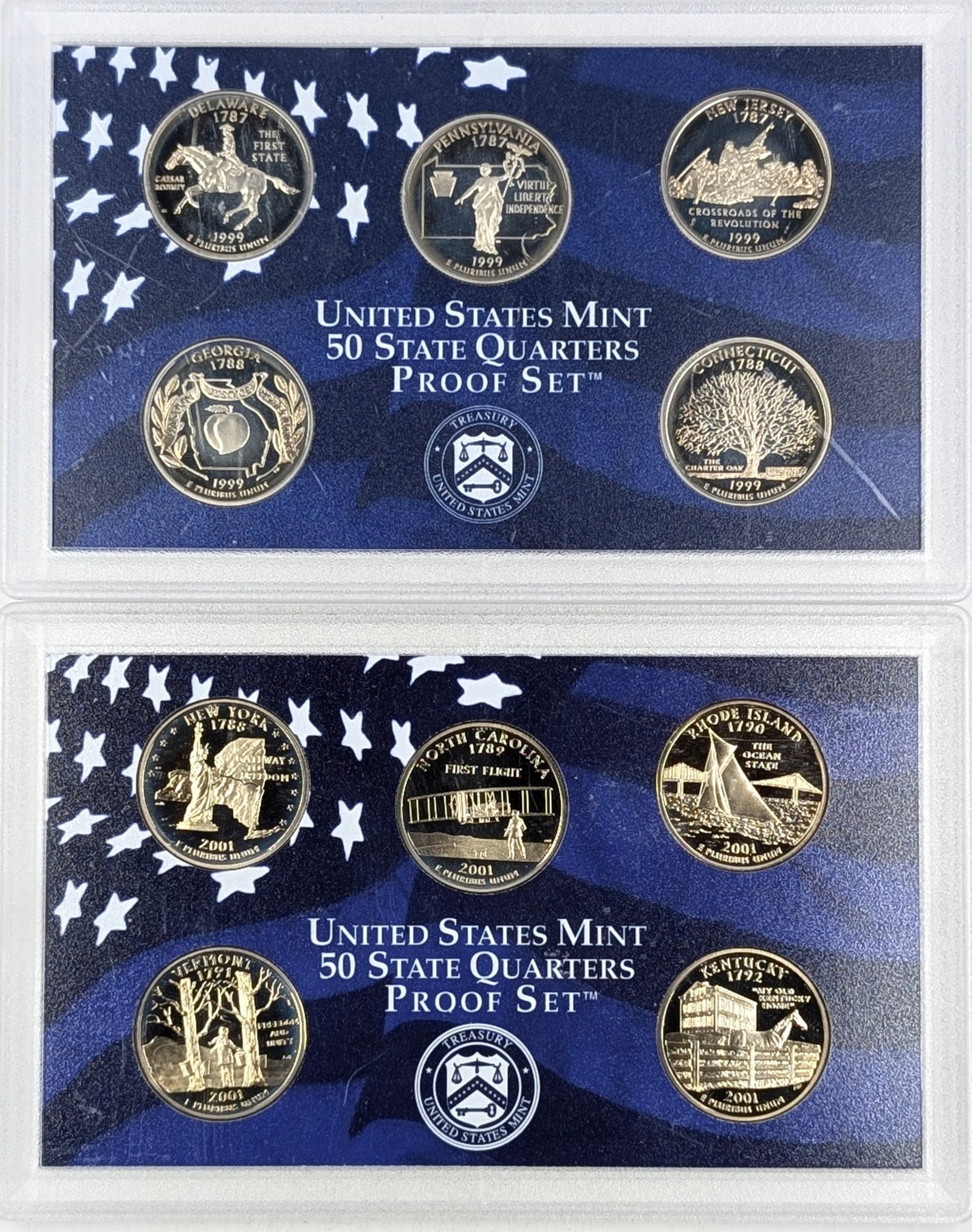 Lot of 2 US Mint 50 State Quarters Proof Sets- 1999,2001: Top- DE, PA, NJ, GA, CT Bottom- NY, NC,RI,VT, KY