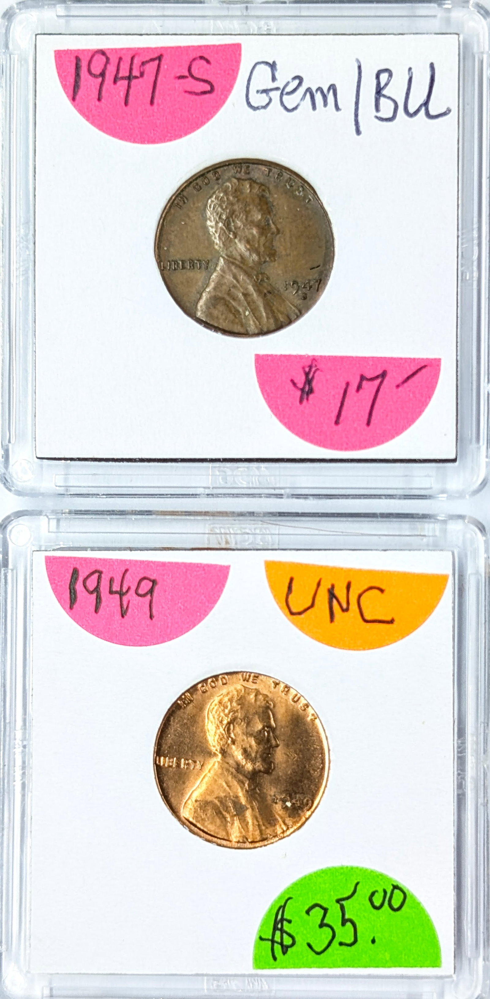 Lot of 2 Uncirculated Wheat Cents- 1947-S, 1949: Coin