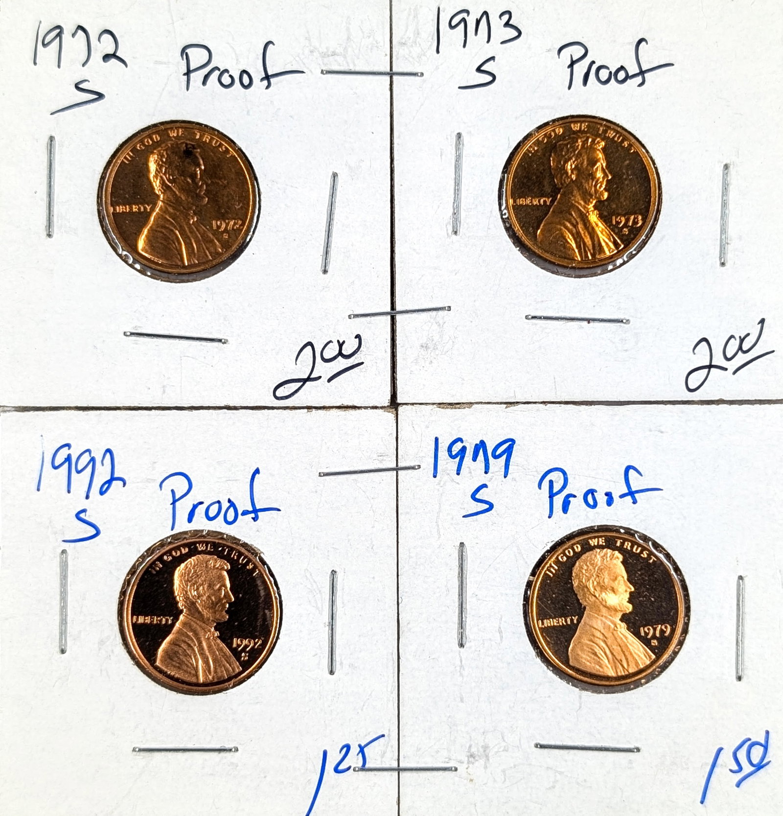 Lot of 4 Proofs Lincoln Cents- 1972-S - 1992-S: Coin