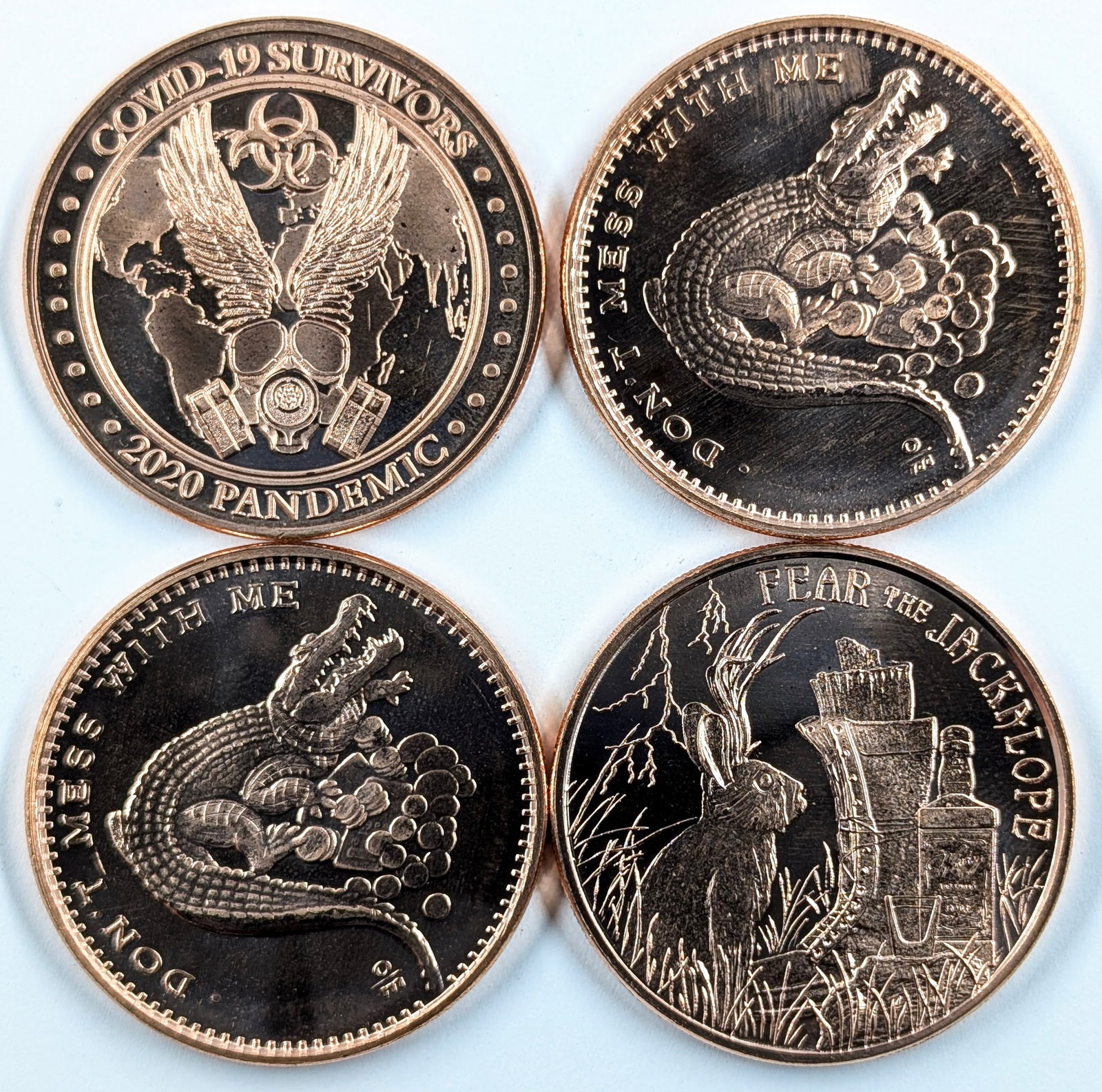 Lot of 4 - 1 Ounce (each) Fine .999 Copper Rounds-: Covid-19 Survivors, Don't Mess w/ Me(2), Fear the Jackalope