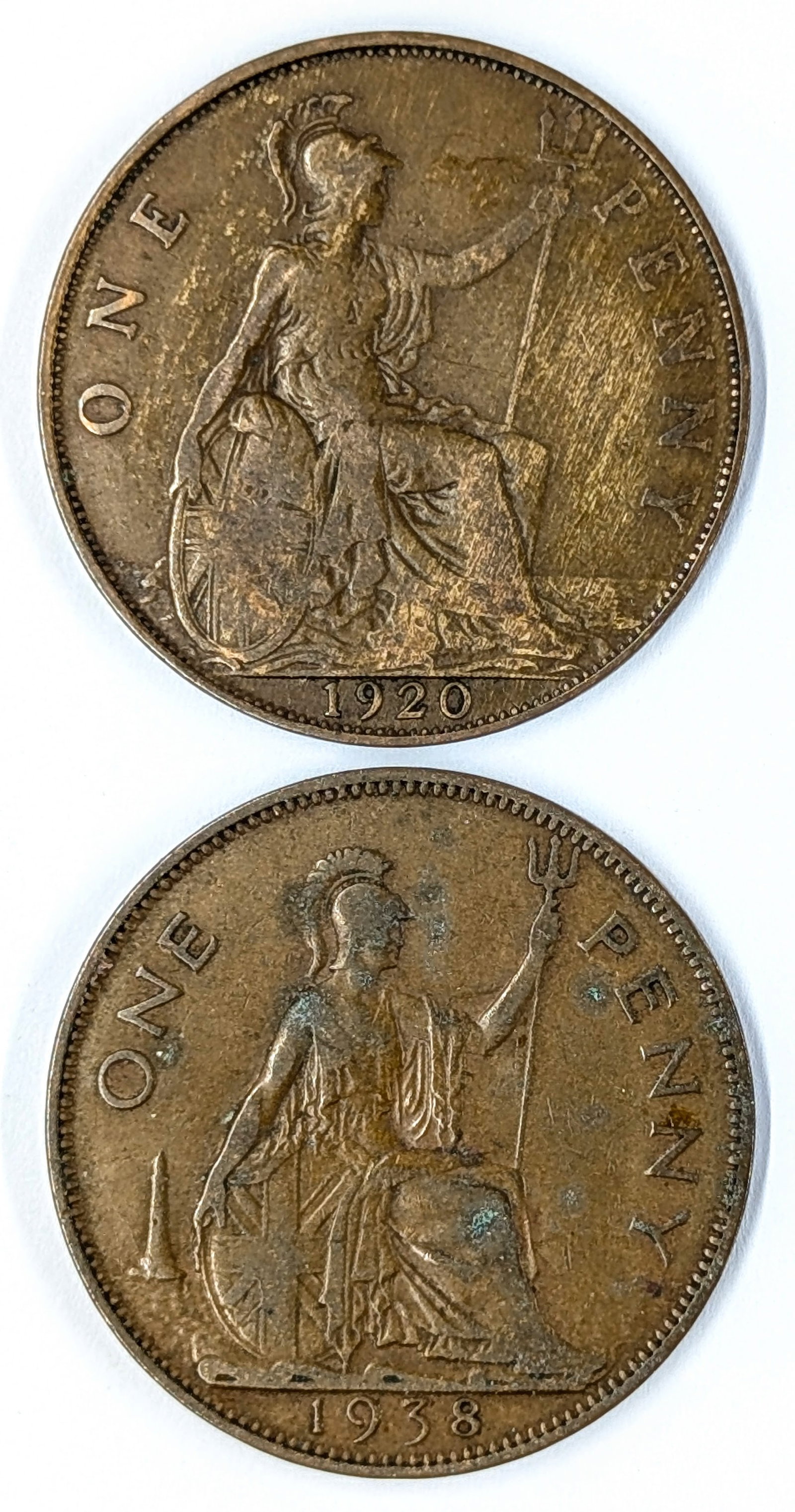 Lot of 2 Great Britain One Pennies- 1920, 1938: Coin