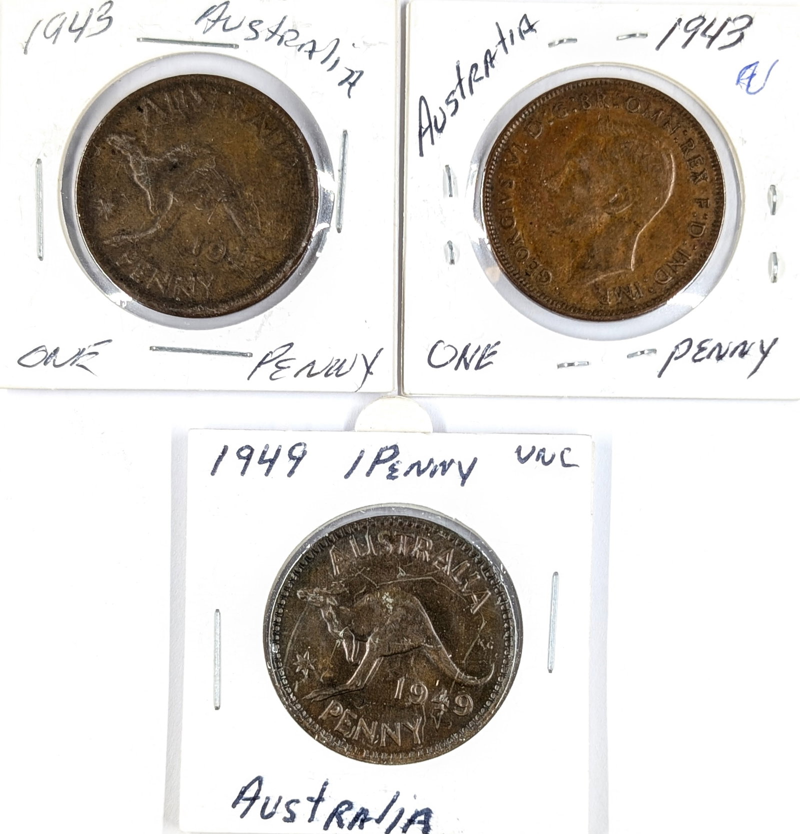 Lot of 3 Australia One Pennies- 1943(2), 1949: Coin
