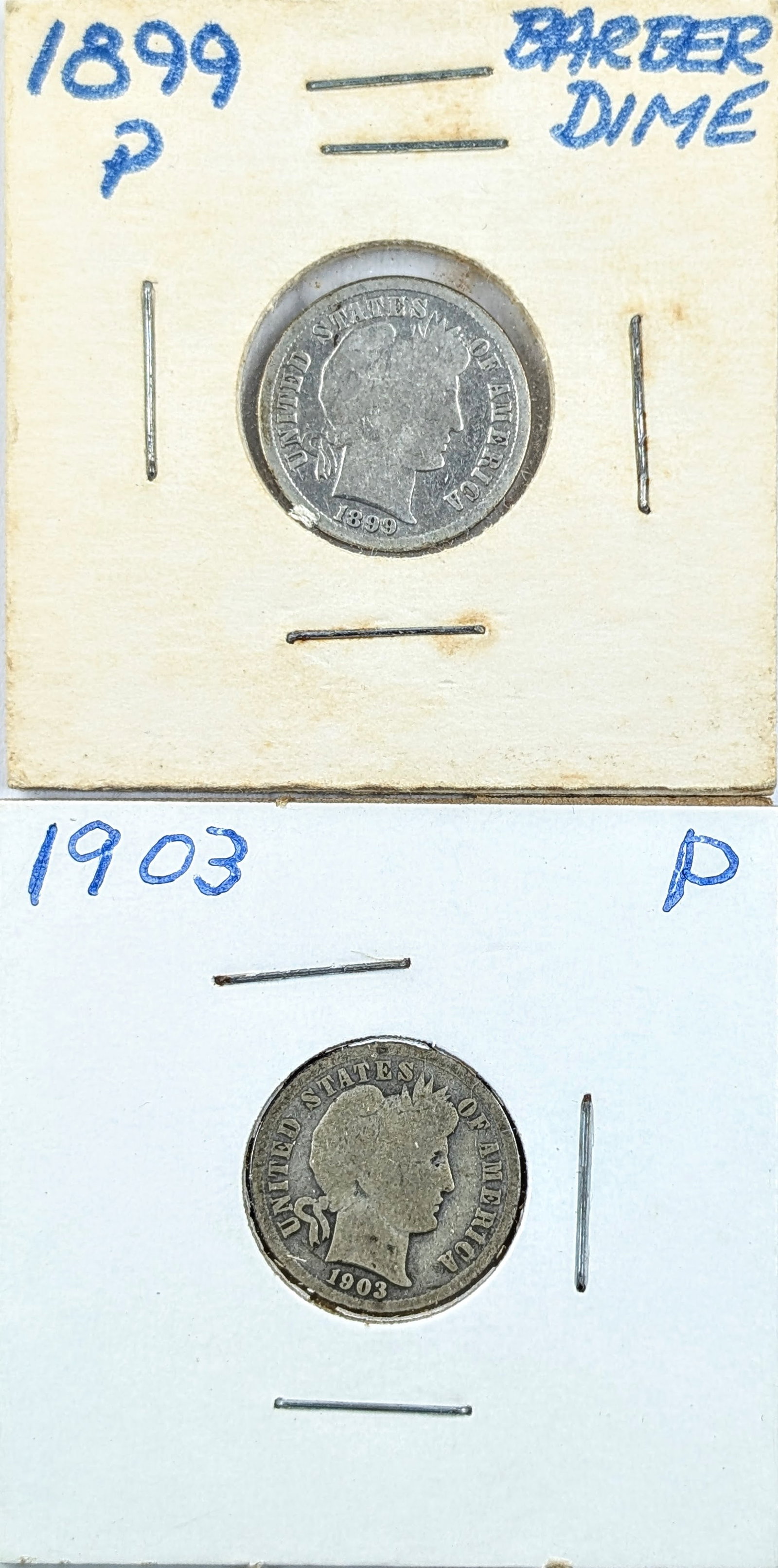 Lot of 2 Silver Barber Dimes- 1899, 1903: Silver