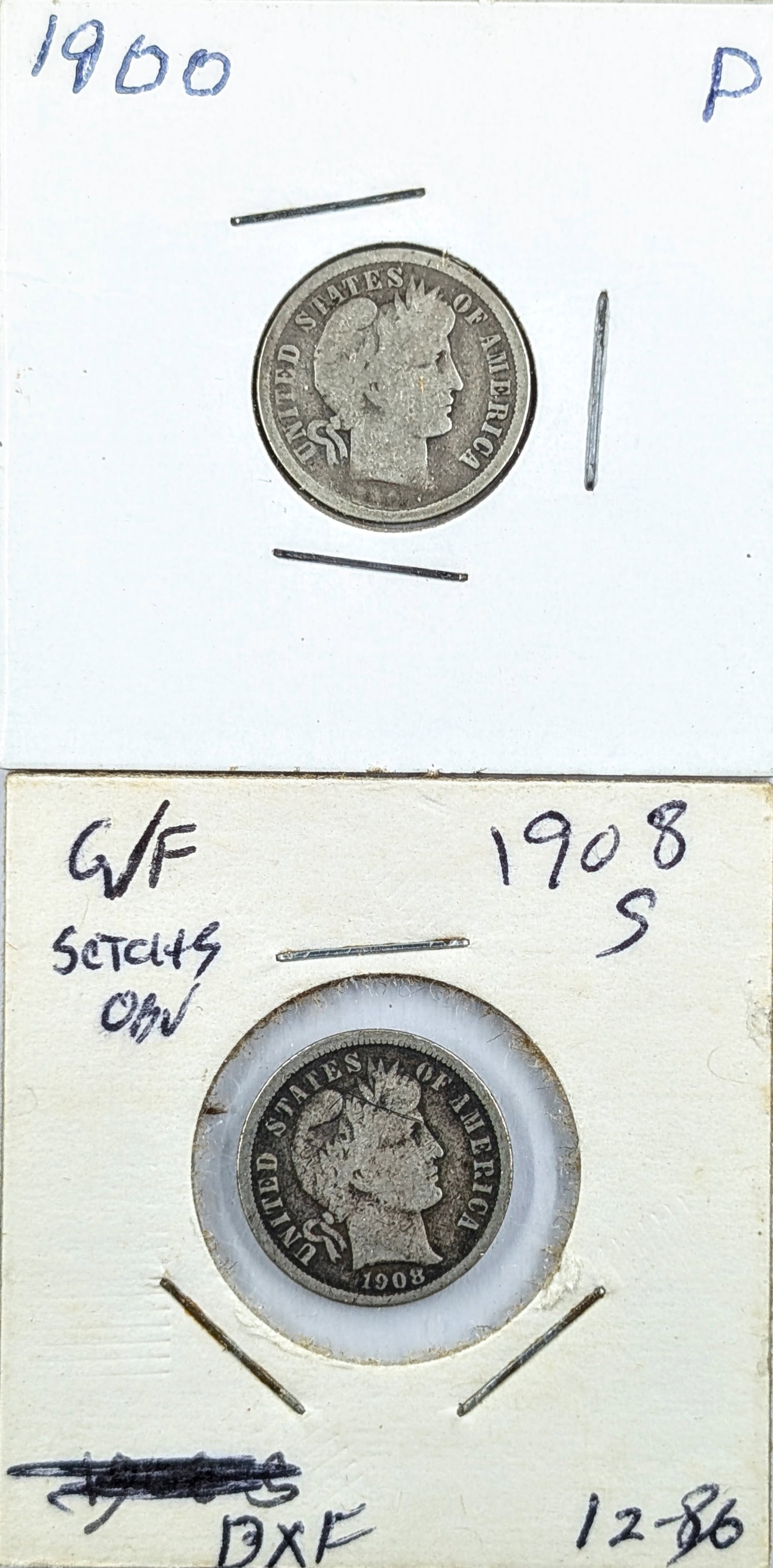 Lot of 2 Silver Barber Dimes- 1900, 1908-S: Silver