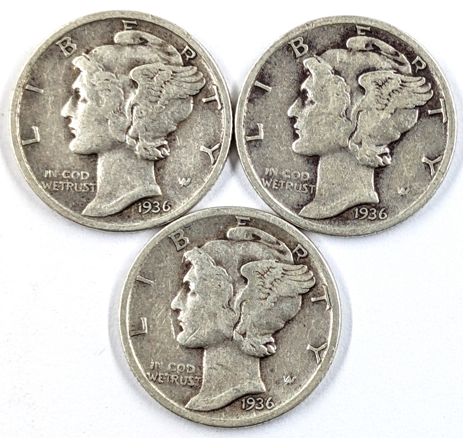 Lot of 3 Silver Mercury Dimes- All 1936 (1 of 2)