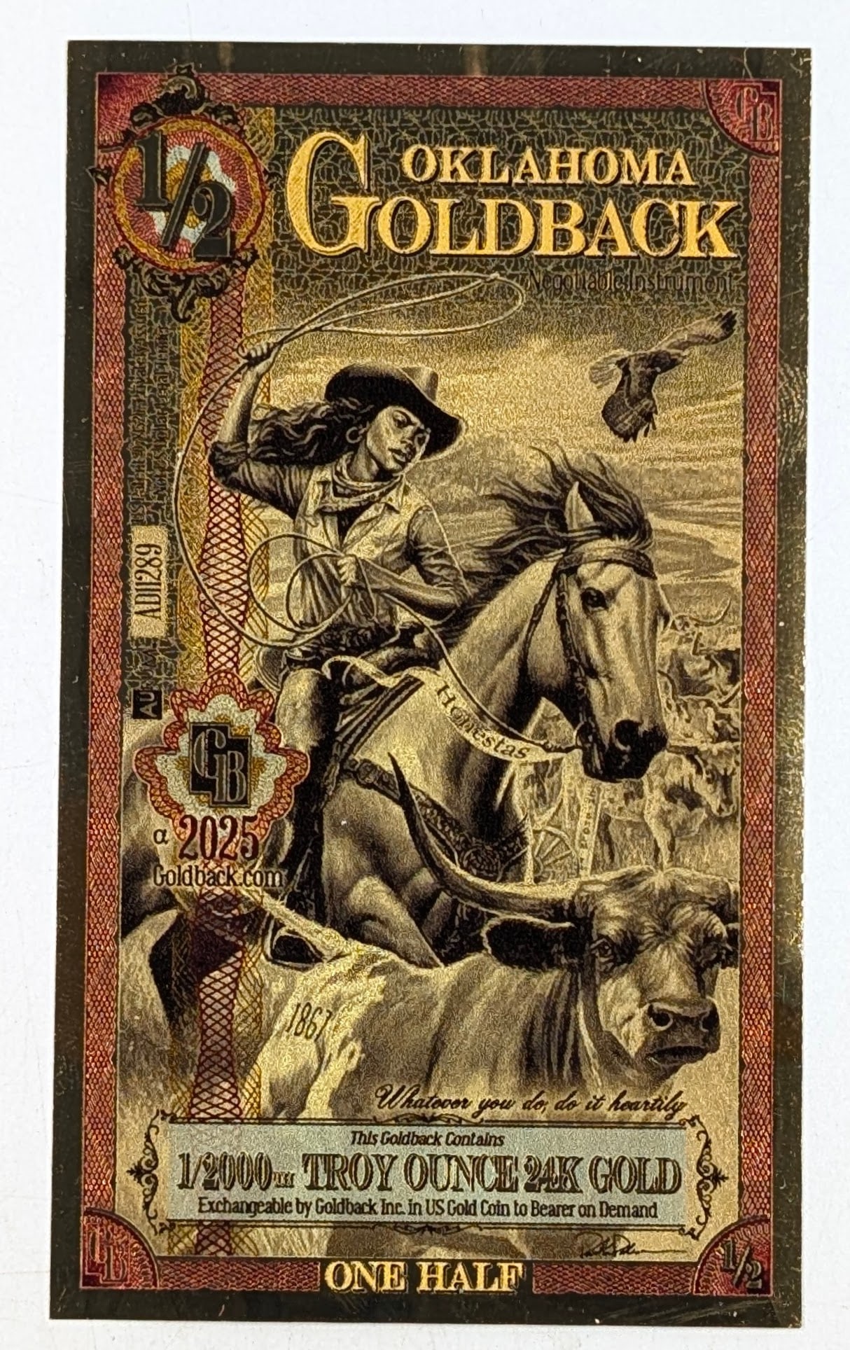 2025 1/2 Oklahoma Goldback 1/2000th Troy Ounce 24K Gold: Goldback