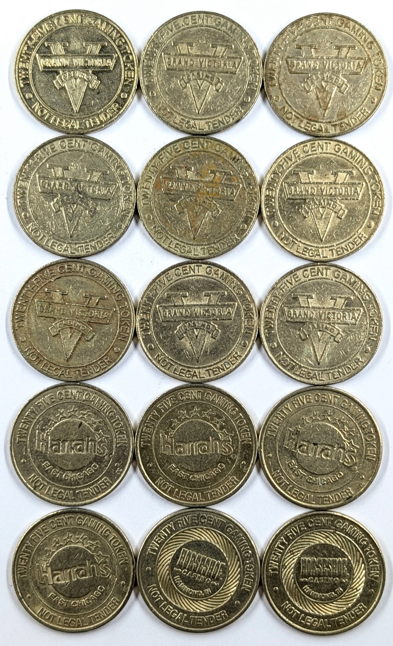 Lot of 15 - 25 Cents Casino Gaming Tokens- Grand Victoria Casino, Harrahs East Casino: Coin