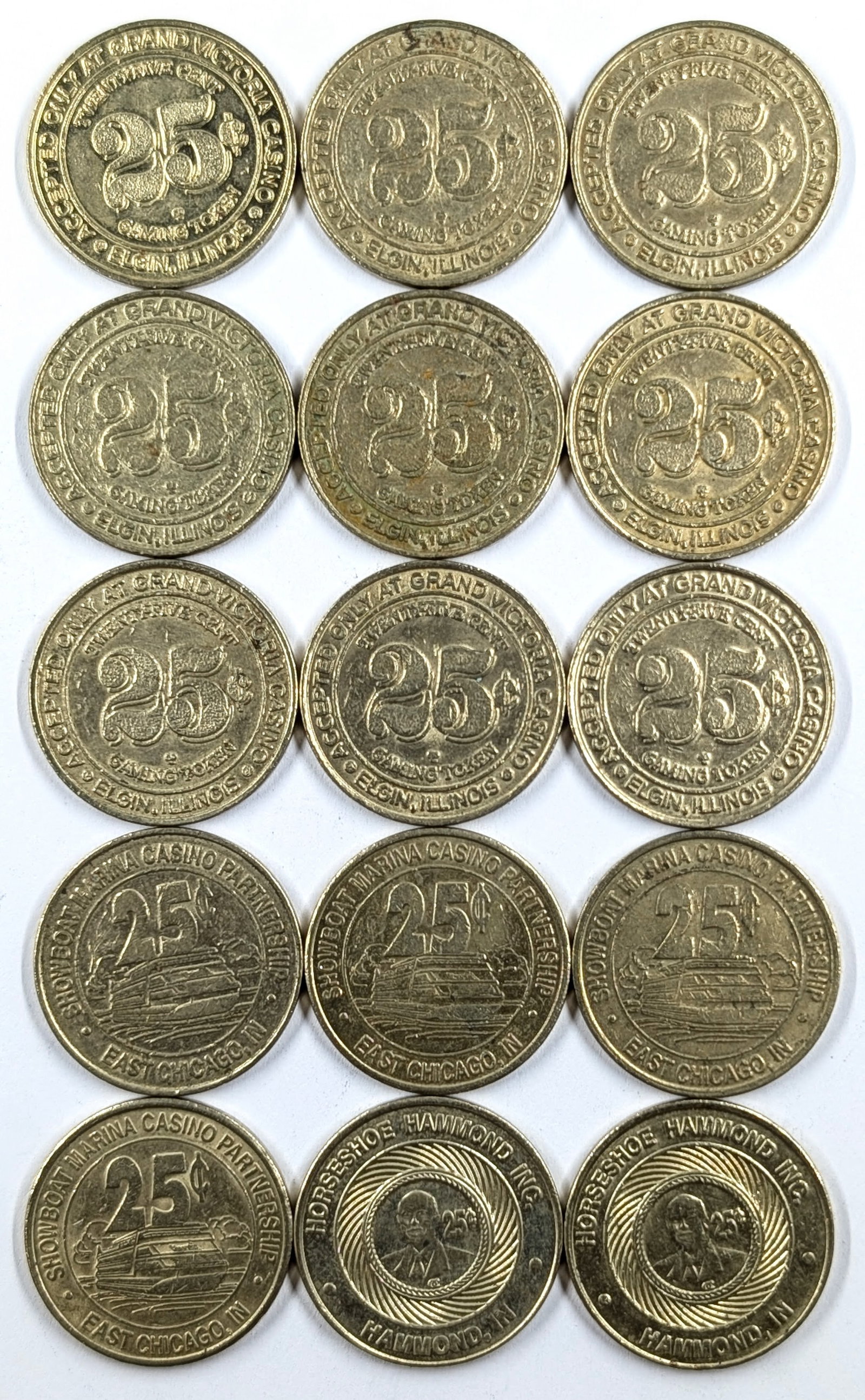 Lot of 15 - 25 Cents Casino Gaming Tokens- Grand Victoria Casino, Harrahs East Casino - 2