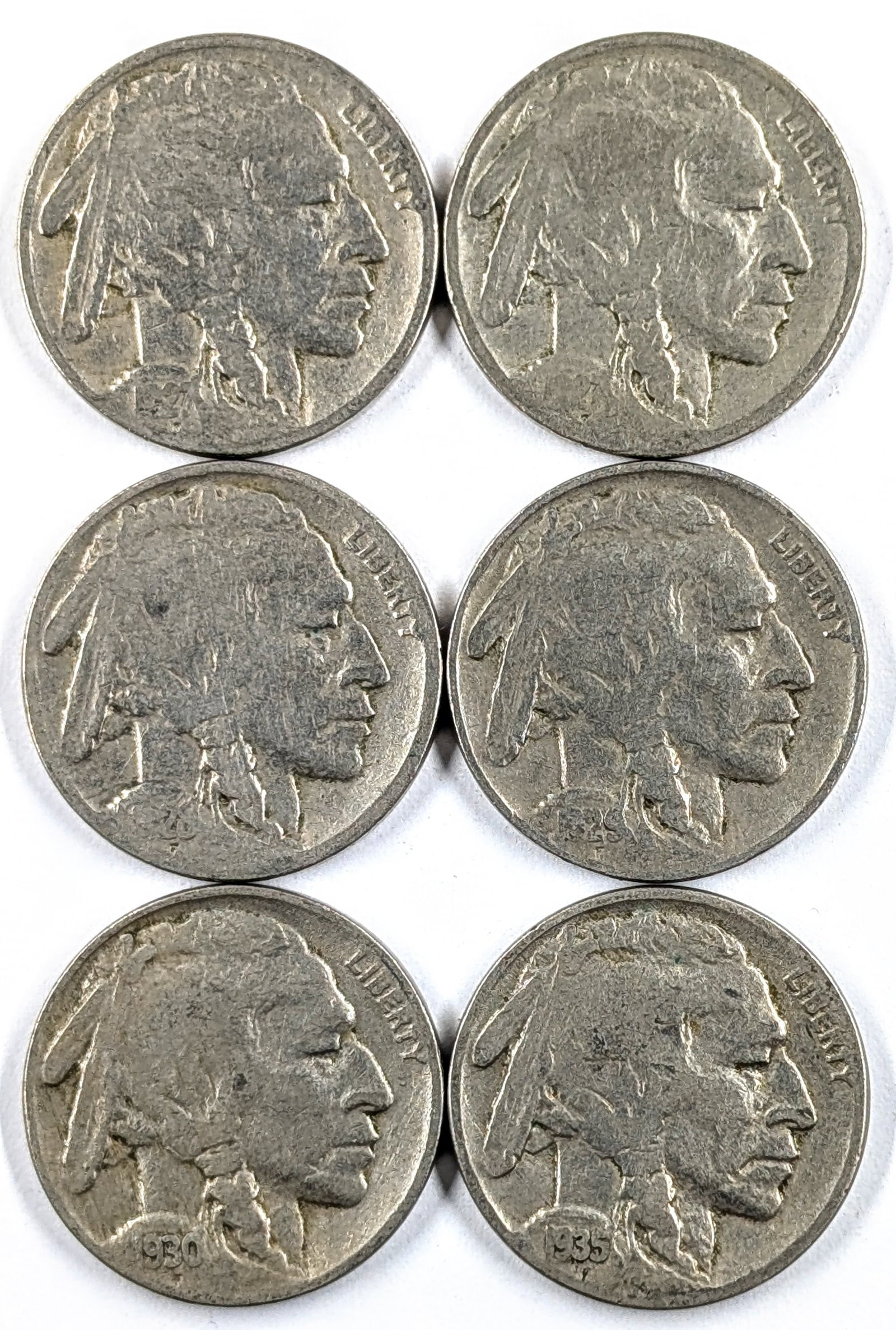 Lot of 6 Buffalo Head Nickels- 1927-1935: Coin