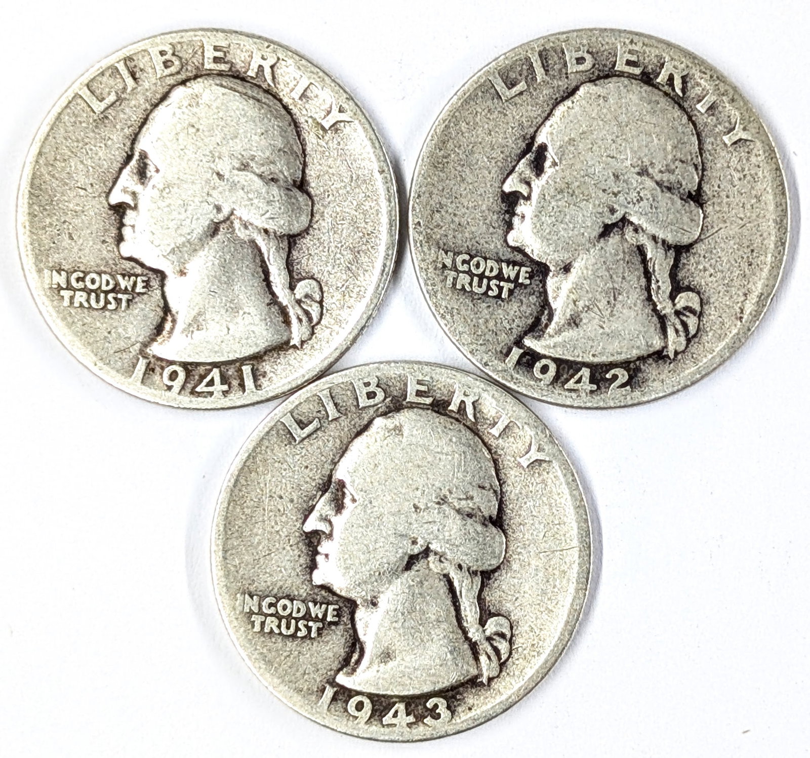 Lot of 3 Silver Washington Quarters- 1941, 1942,1943-D: Silver