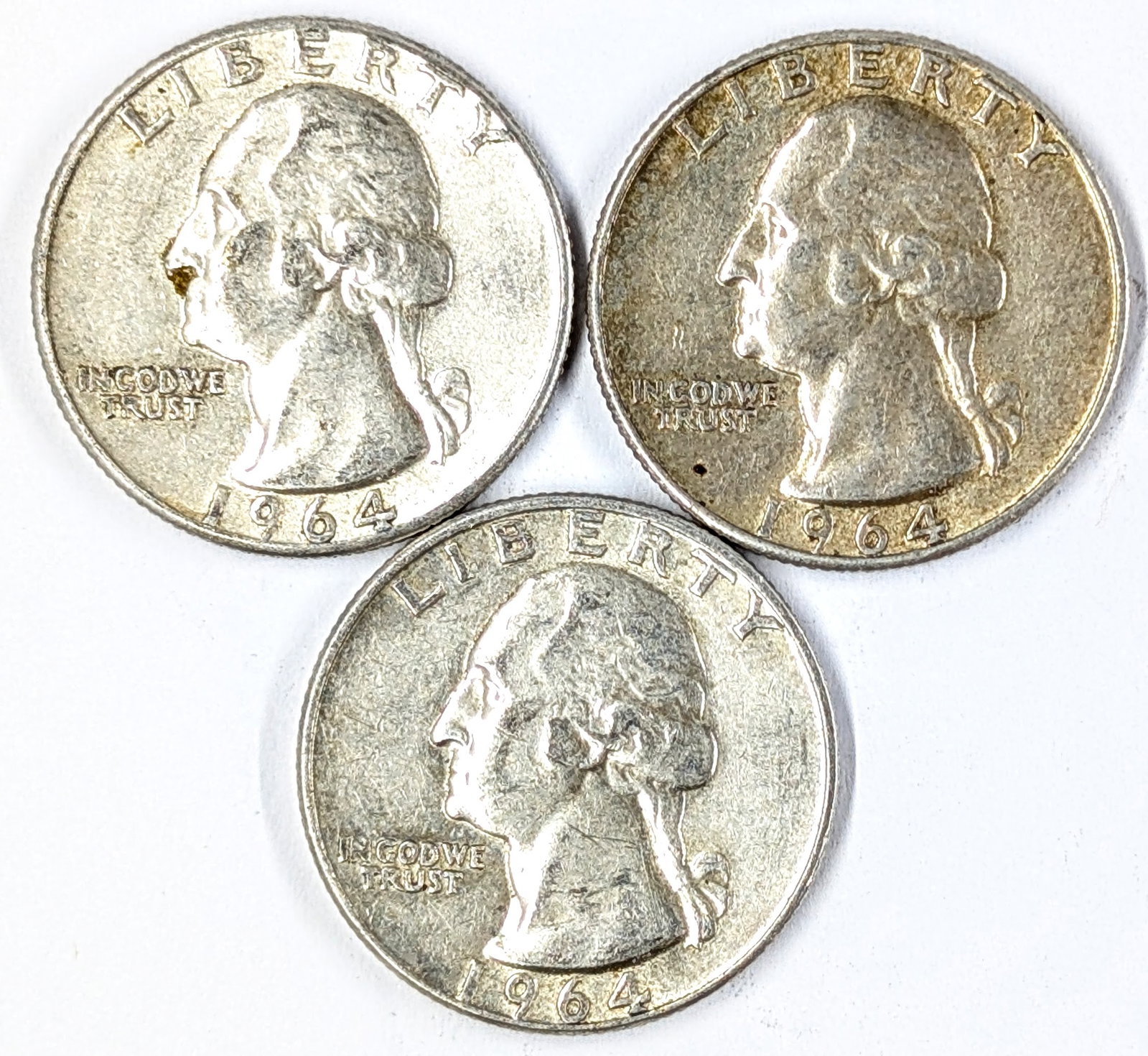 Lot of 3 Silver Washington Quarters- 1964 (2) 1964-D: Silver