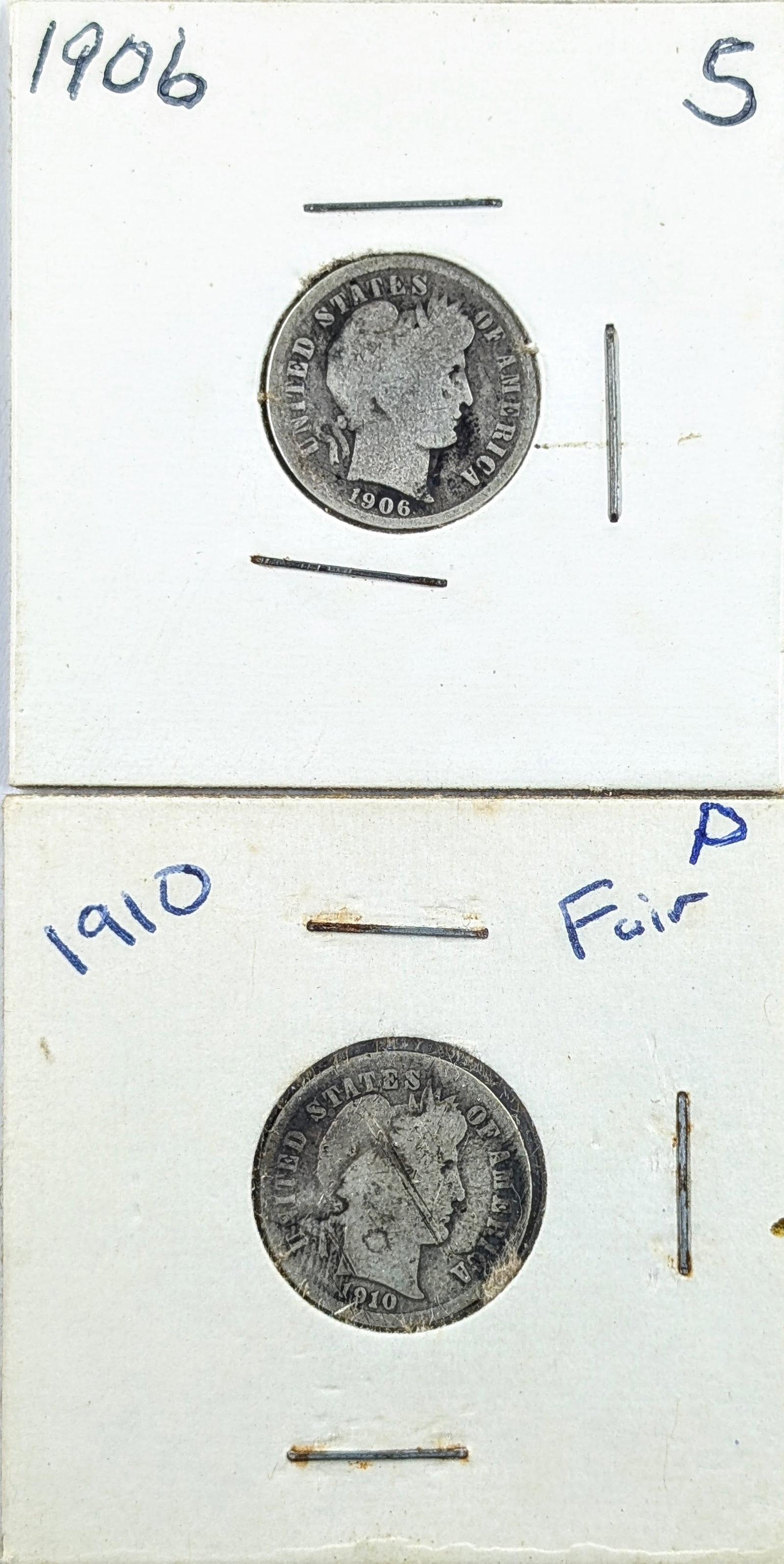 Lot of 2 Silver Barber Dimes- 1906-S, 1910: Silver