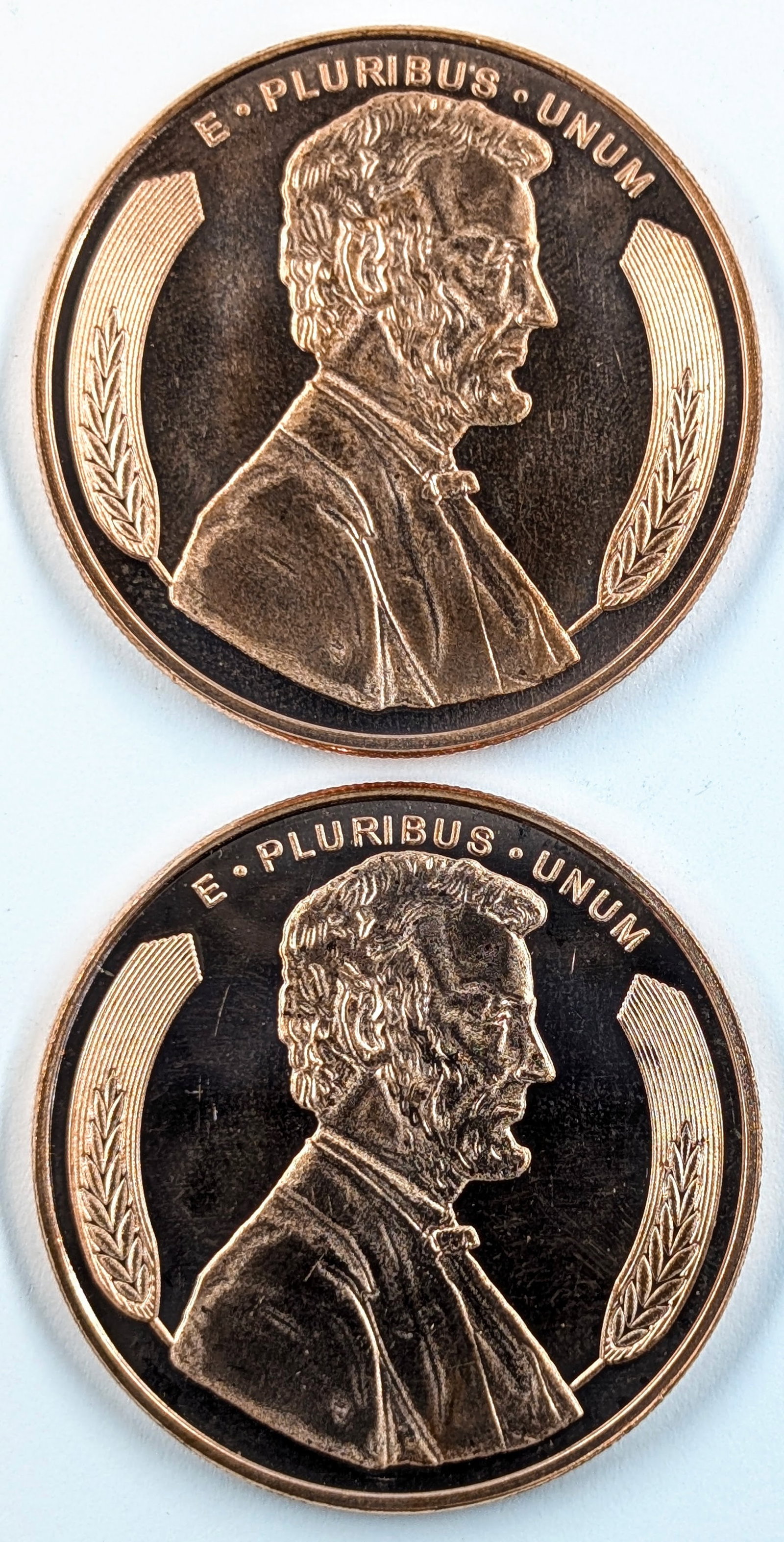 Lot of 2 - 1 Ounce (each) Fine .999 Copper Rounds- Lincoln: Copper