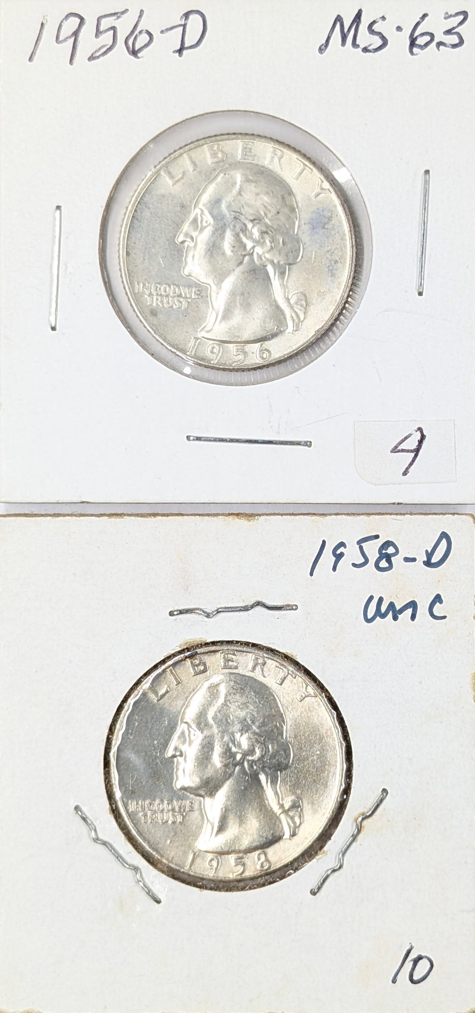 Lot of 2 Silver Washington Quarters - 1956-D, 1958-D - Uncirculated: Silver