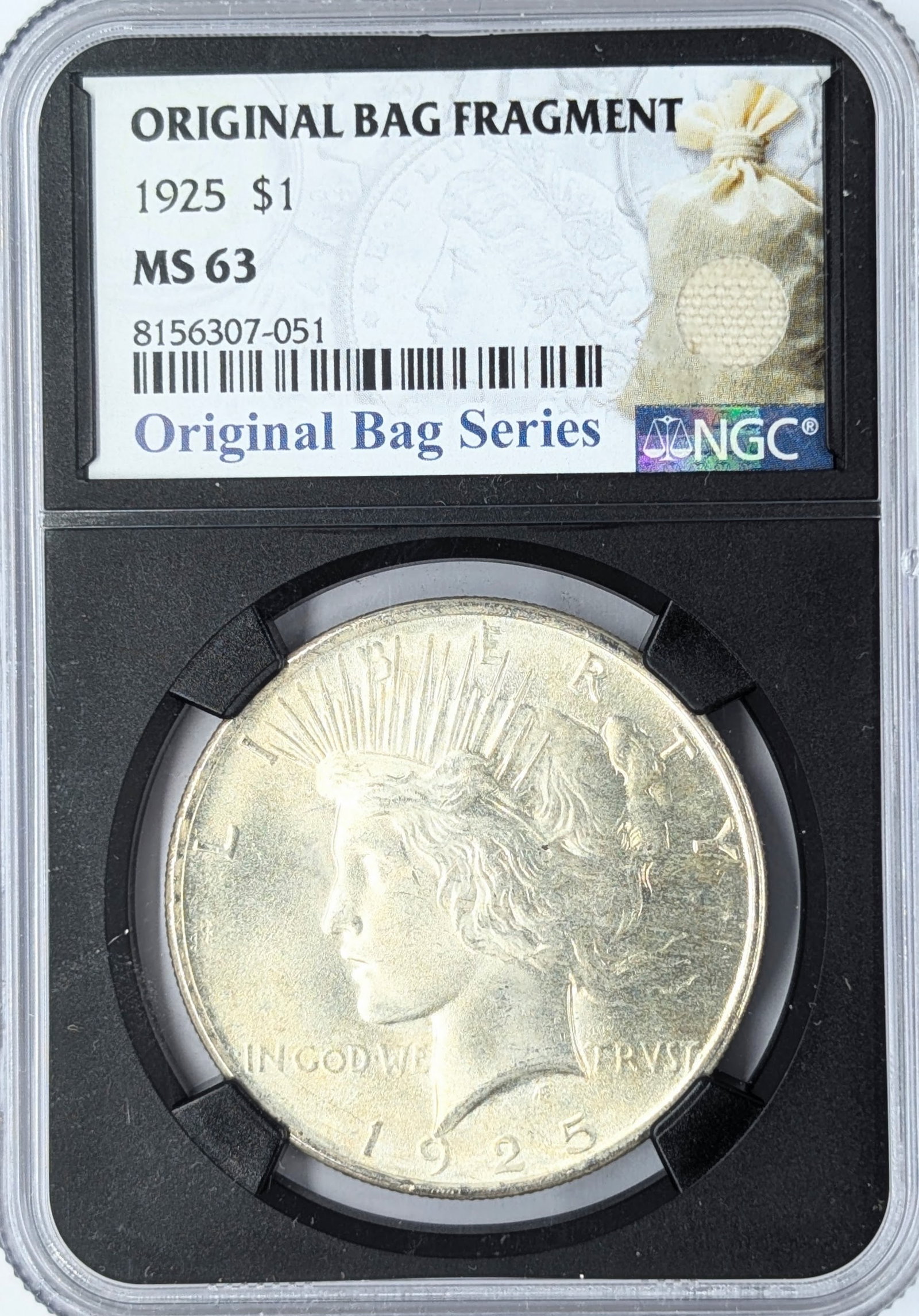 NGC 1925 MS63 Silver Peace Dollar w/ Original Bag Fragment: Silver