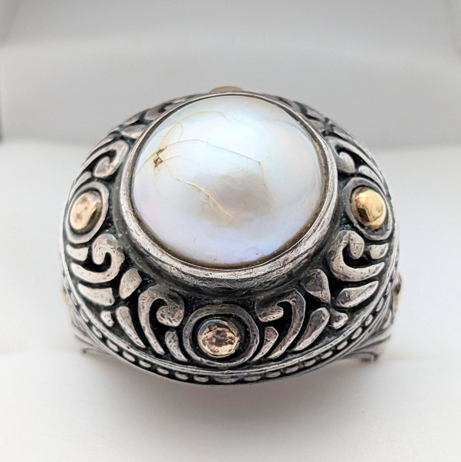 BJC Behnam Sterling Silver Filigree Mabe Pearl Ring w/ 18k Gold-Accents- 14.7g: Size: 7