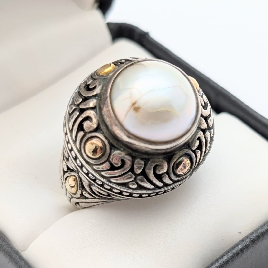 BJC Behnam Sterling Silver Filigree Mabe Pearl Ring w/ 18k Gold-Accents- 14.7g - 2