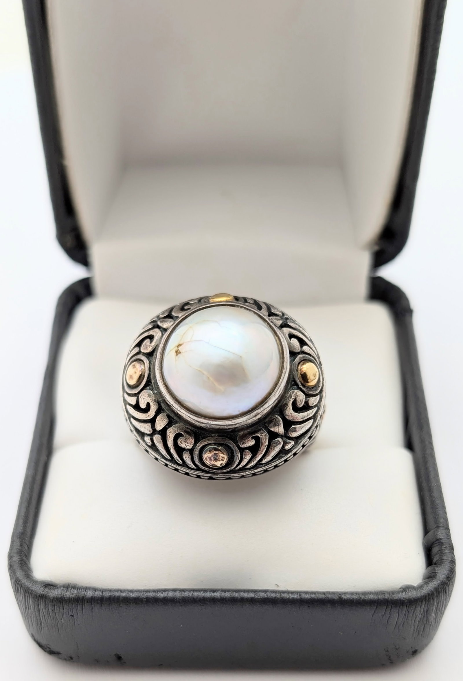 BJC Behnam Sterling Silver Filigree Mabe Pearl Ring w/ 18k Gold-Accents- 14.7g - 3