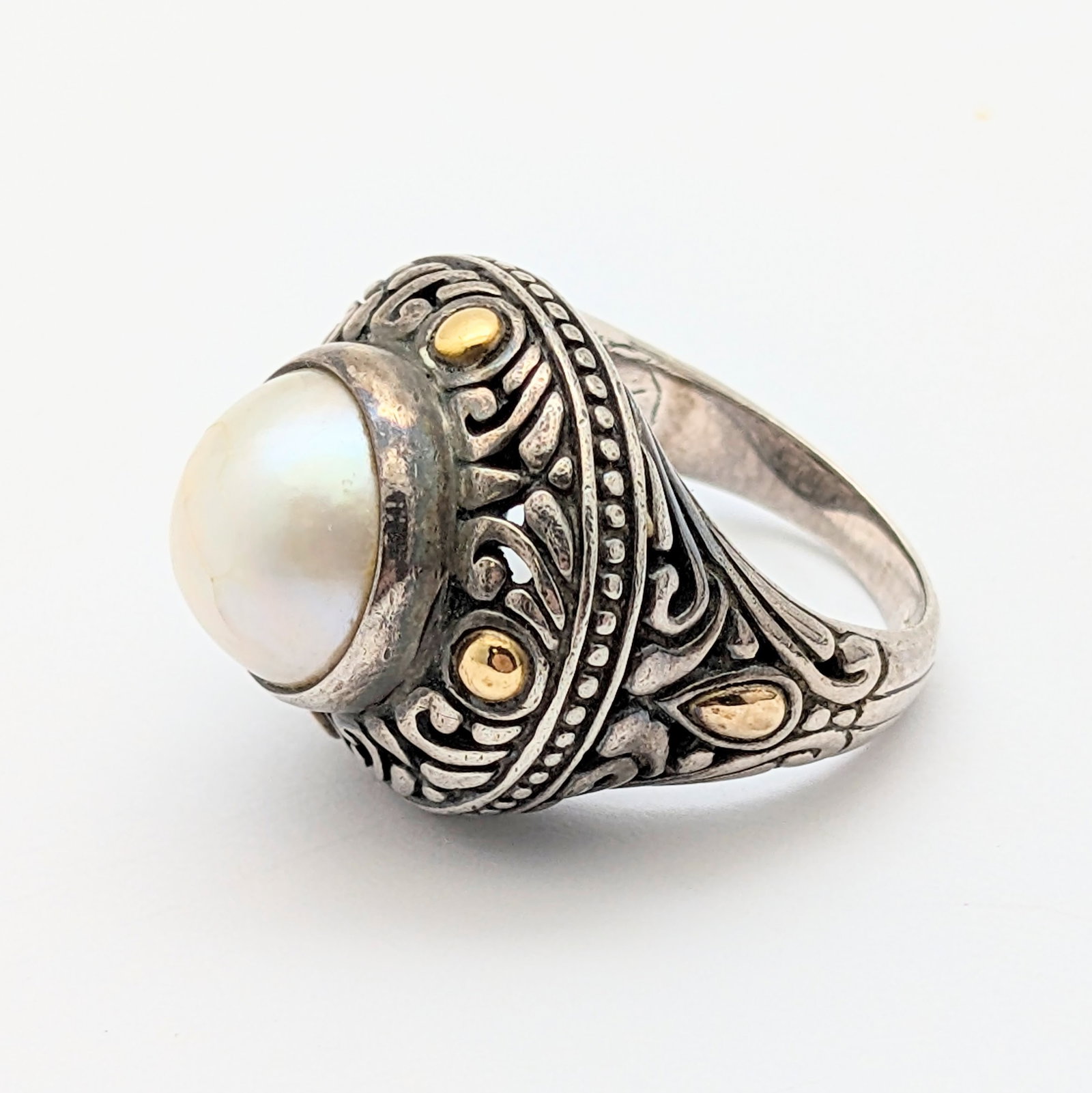 BJC Behnam Sterling Silver Filigree Mabe Pearl Ring w/ 18k Gold-Accents- 14.7g - 4
