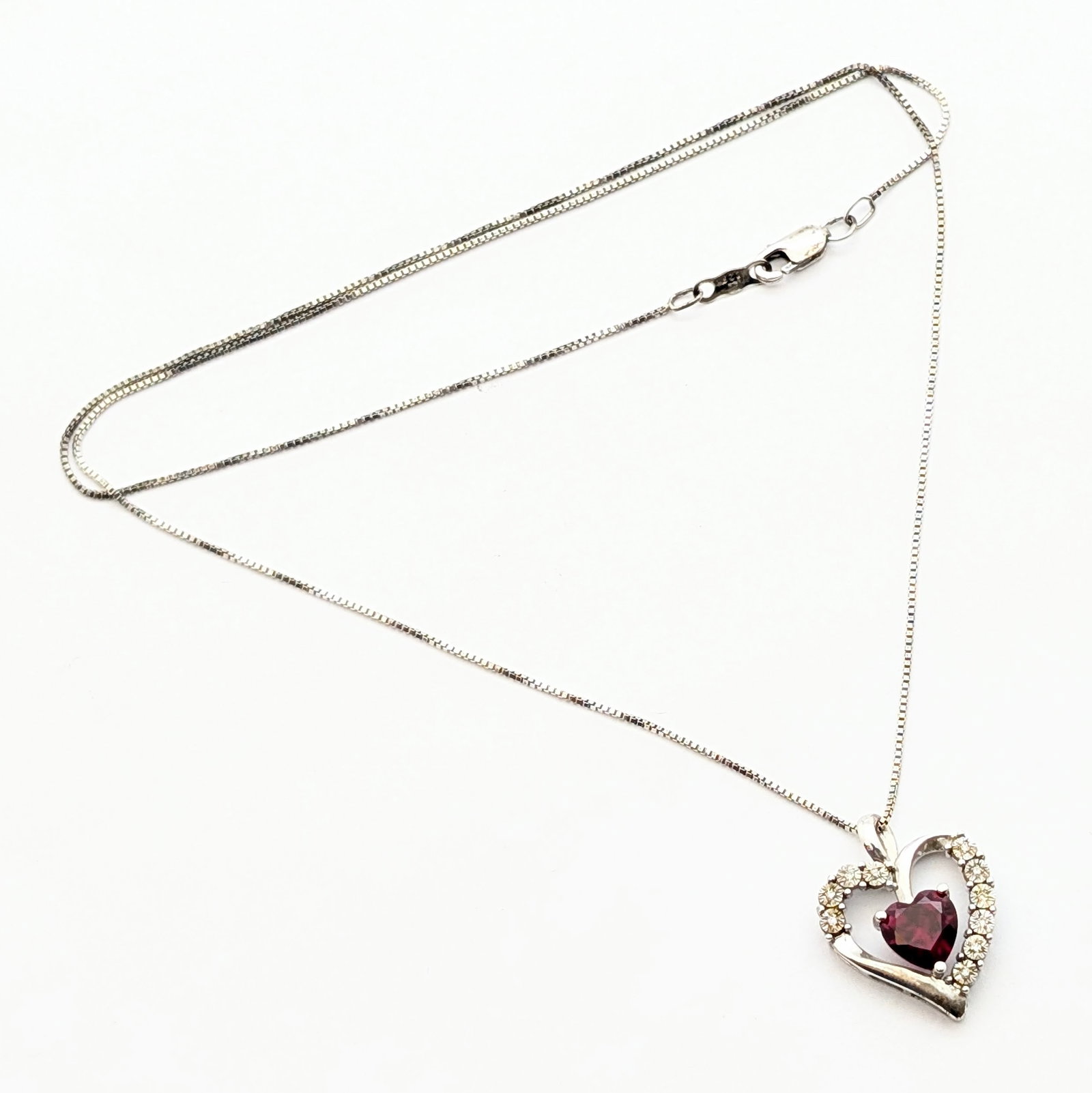 Sterling Silver Heart Red Gem Necklace: Length: 18in