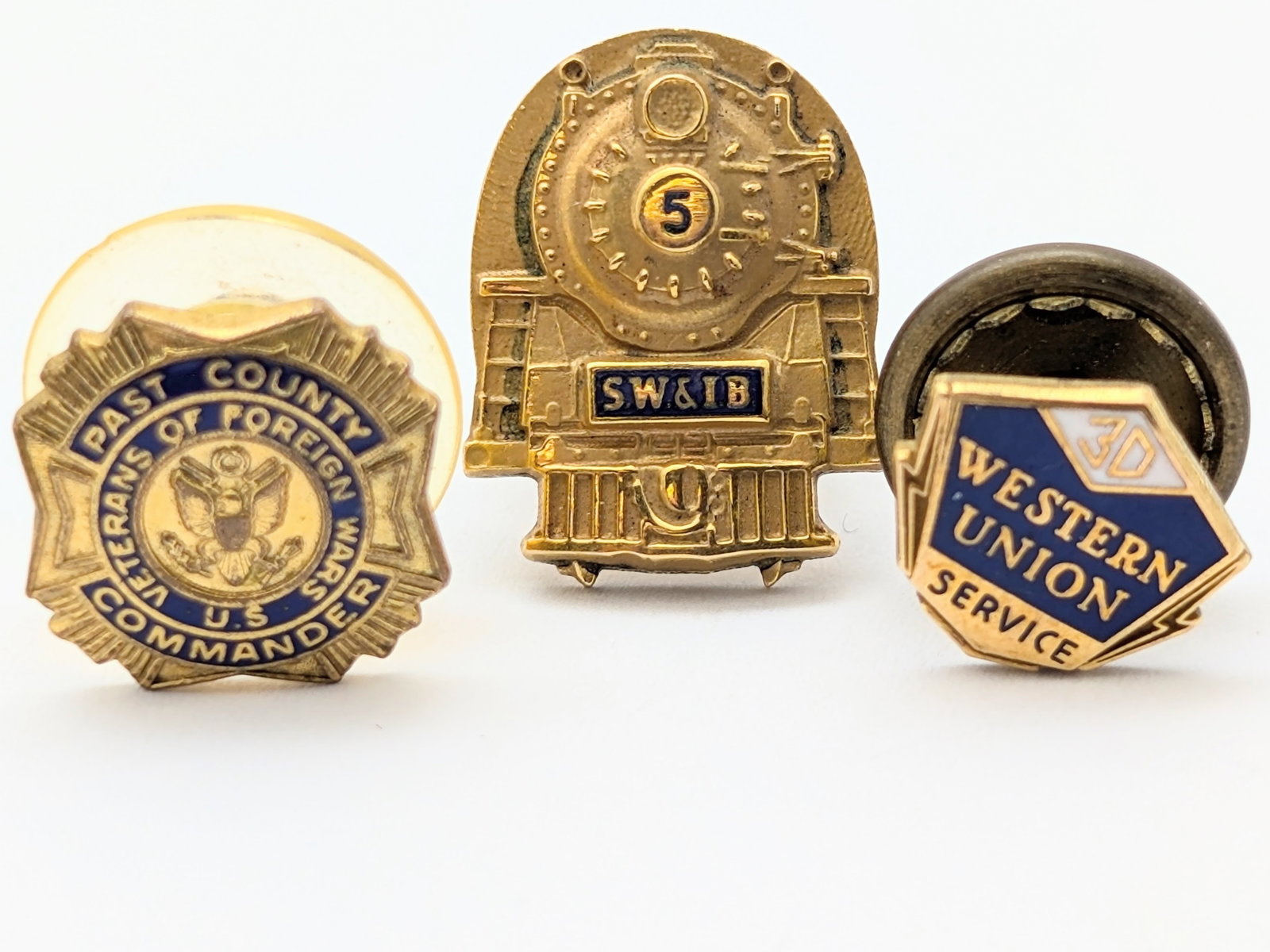 Lot of 3 - 10K Gold filled Vintage Pins - Western Union, Veterans of Foreign Wars, etc.: Jewelry