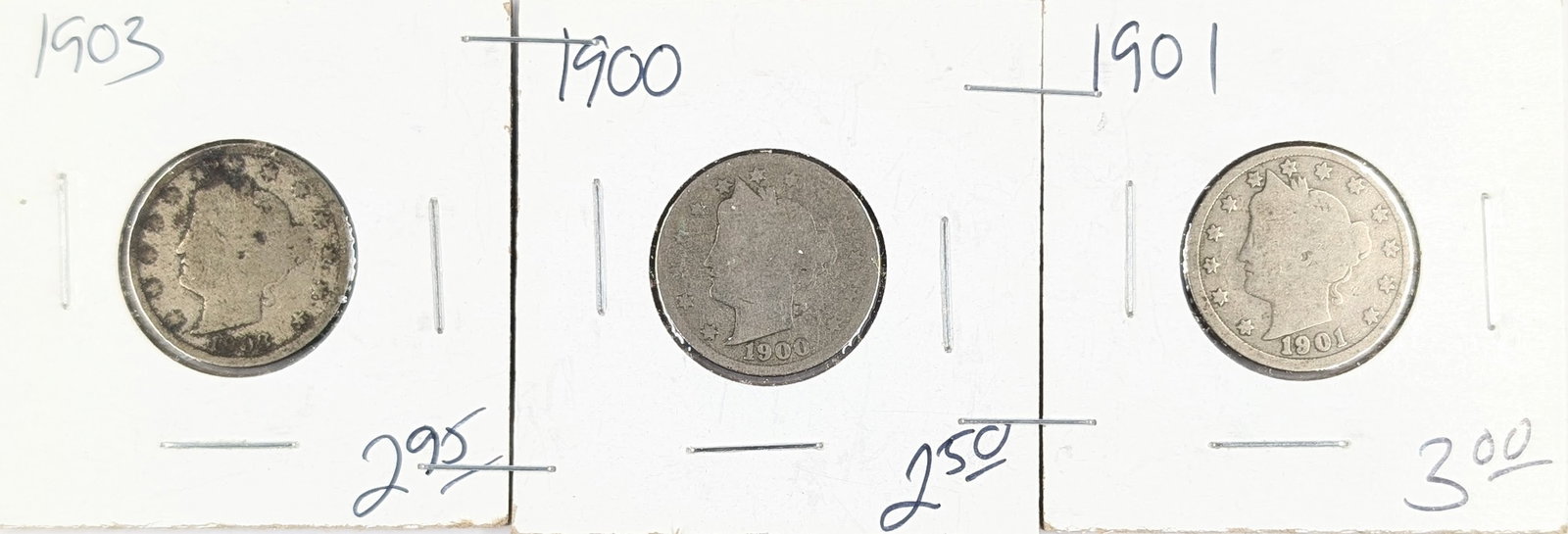 Lot of 3 Liberty V Nickels - 1900, 1901, 1903: Coin