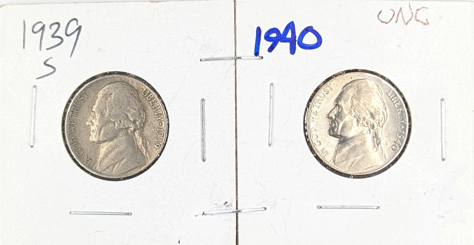 Lot of 2 Jefferson Nickels - 1939-S, Uncirculated 1940: Coin