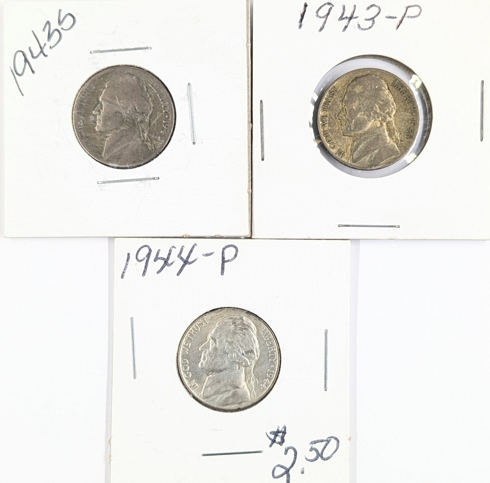 Lot of 3 Silver War Nickels - 1943 P/S, 1944-P: 35% Silver