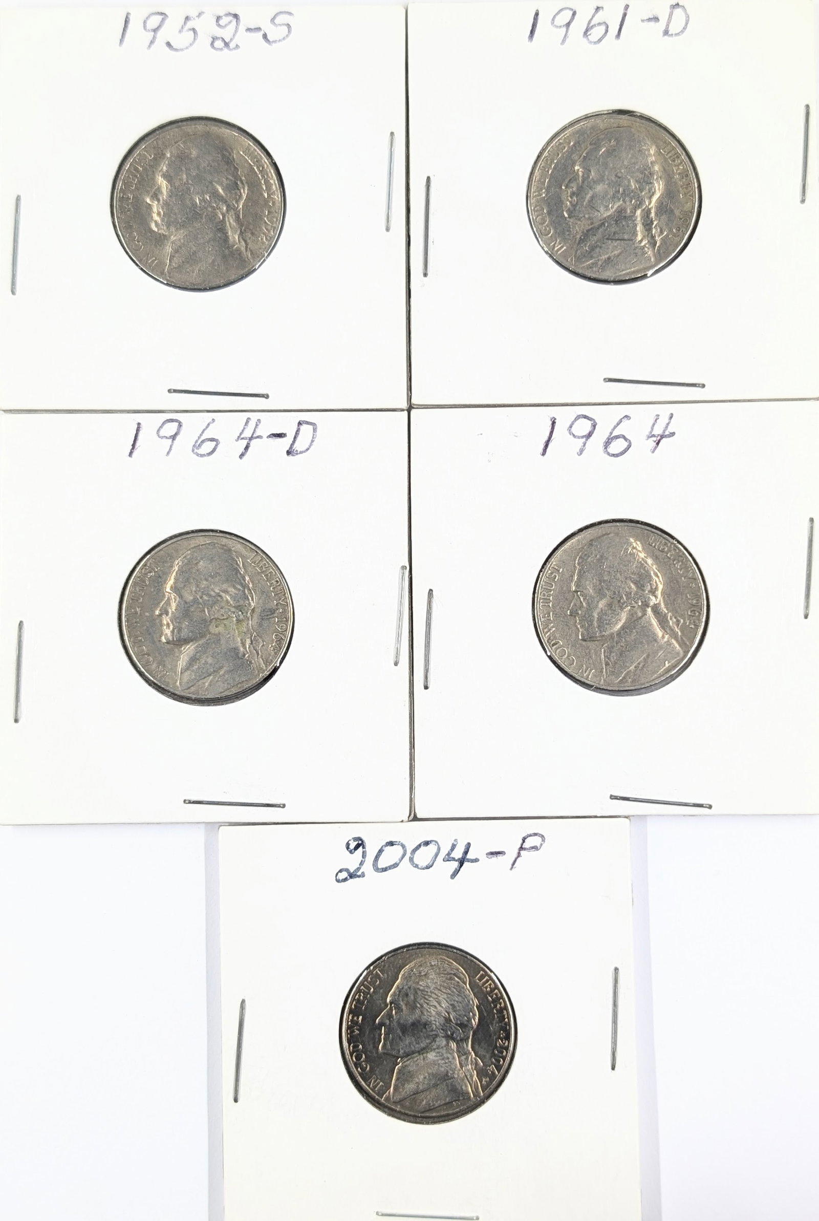 Lot of 5 Jefferson Nickels - 1952-2004: Coin