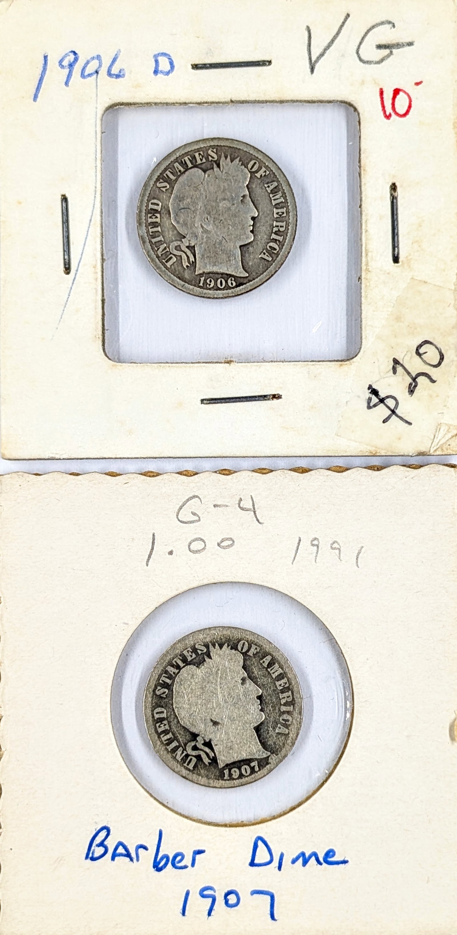 Lot of 2 Silver Barber Dimes- 1906-D, 1907: Silver