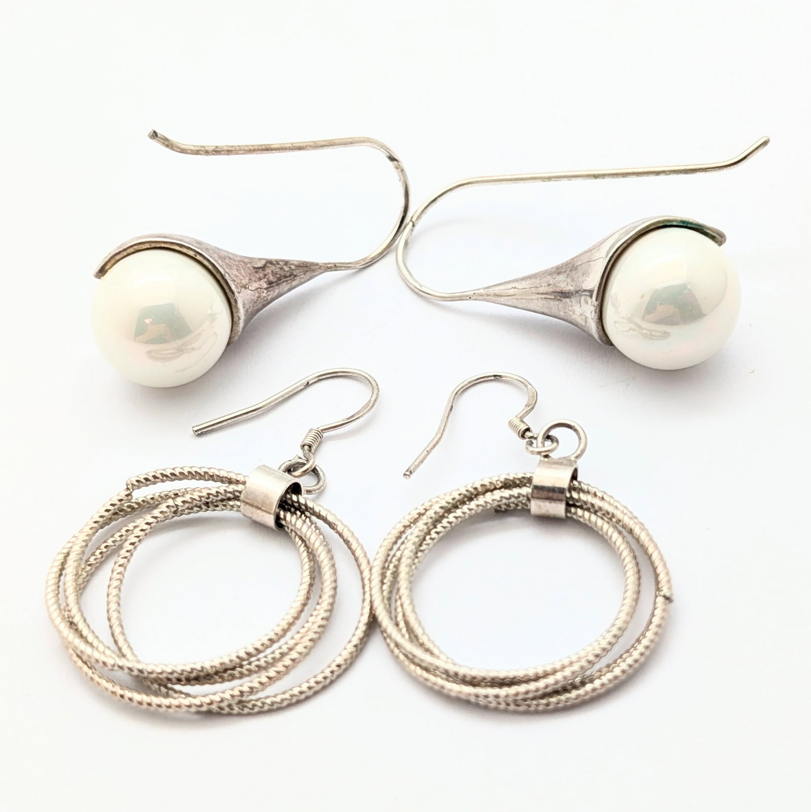 Lot of 2 Sterling Silver Earrings - Pearl Drop & Twisted Hoop Dangling - 20.25g (1 of 6)