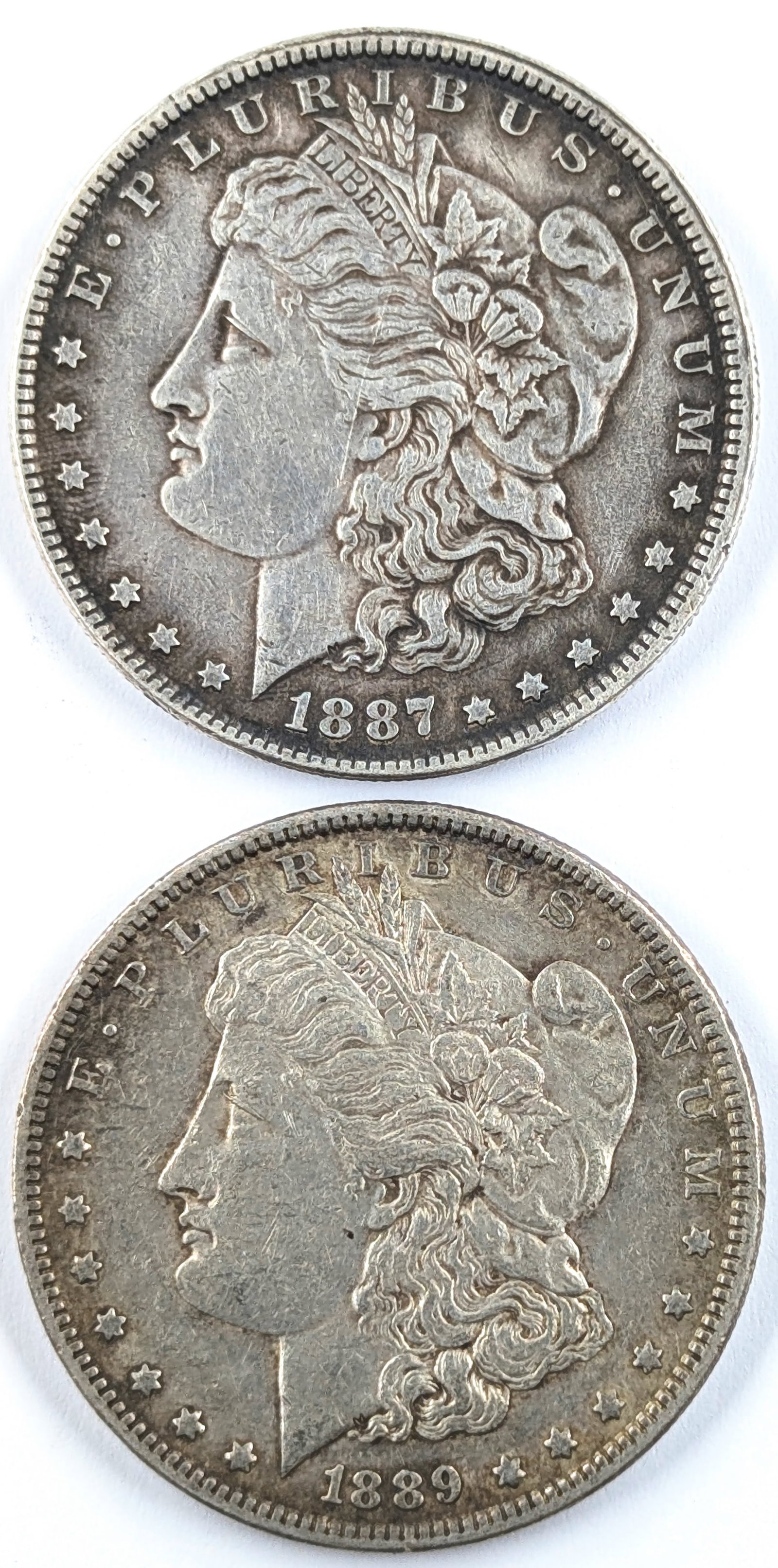 Lot of 2 Morgan Silver Dollars - 1887, 1889: Silver