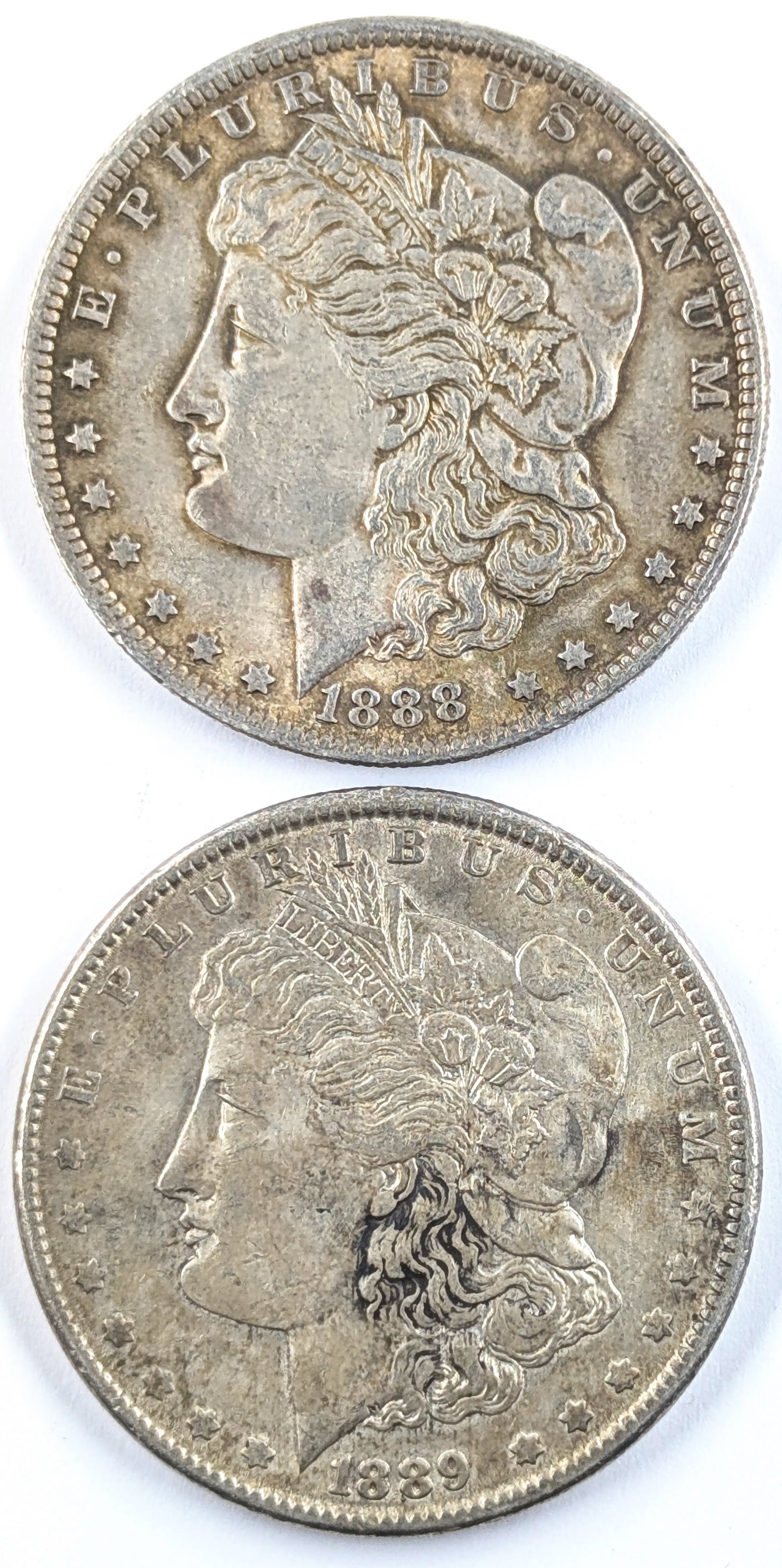 Lot of 2 Morgan Silver Dollars - 1888, 1889: Silver
