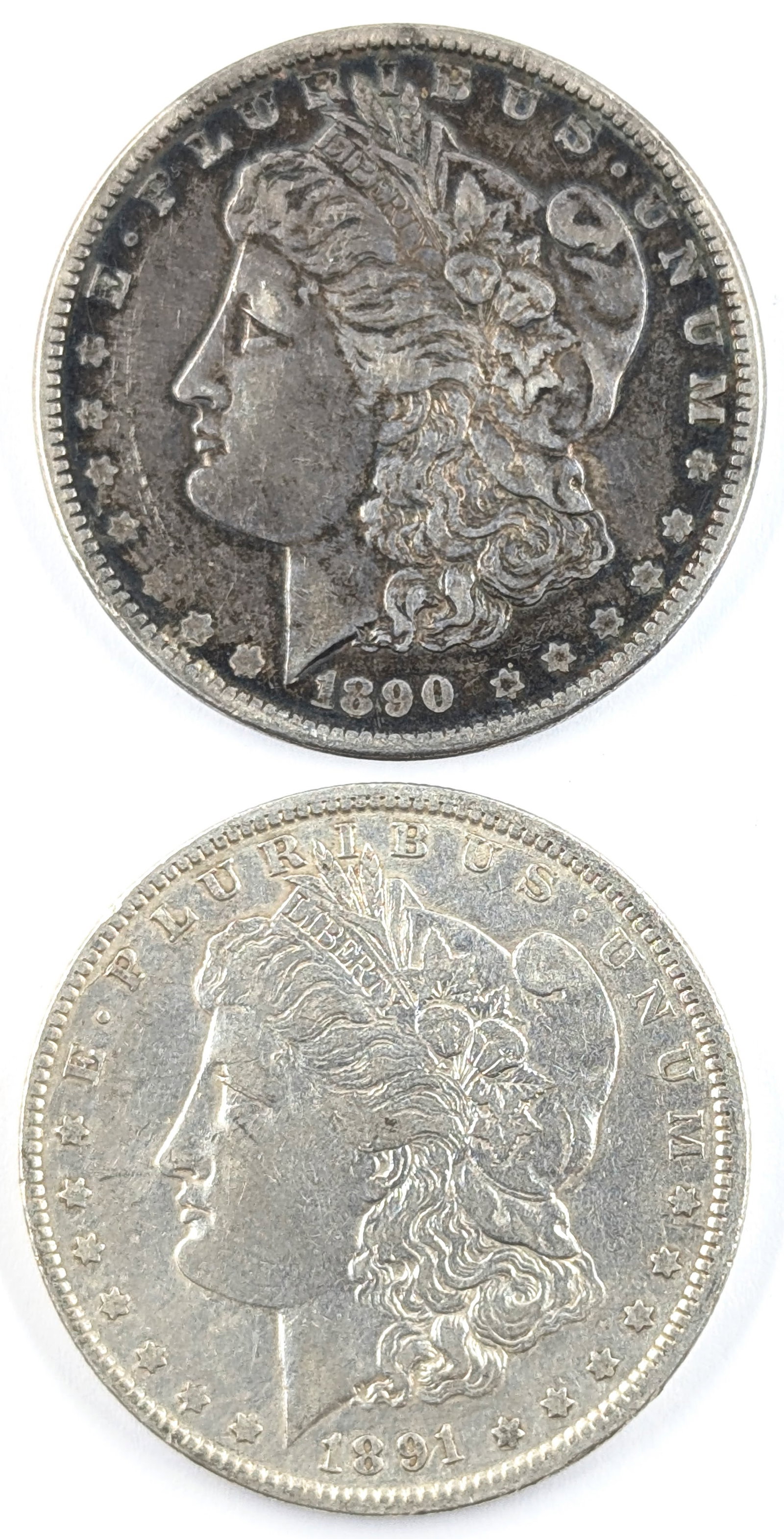 Lot of 2 Morgan Silver Dollars - 1890, 1891-O: Silver