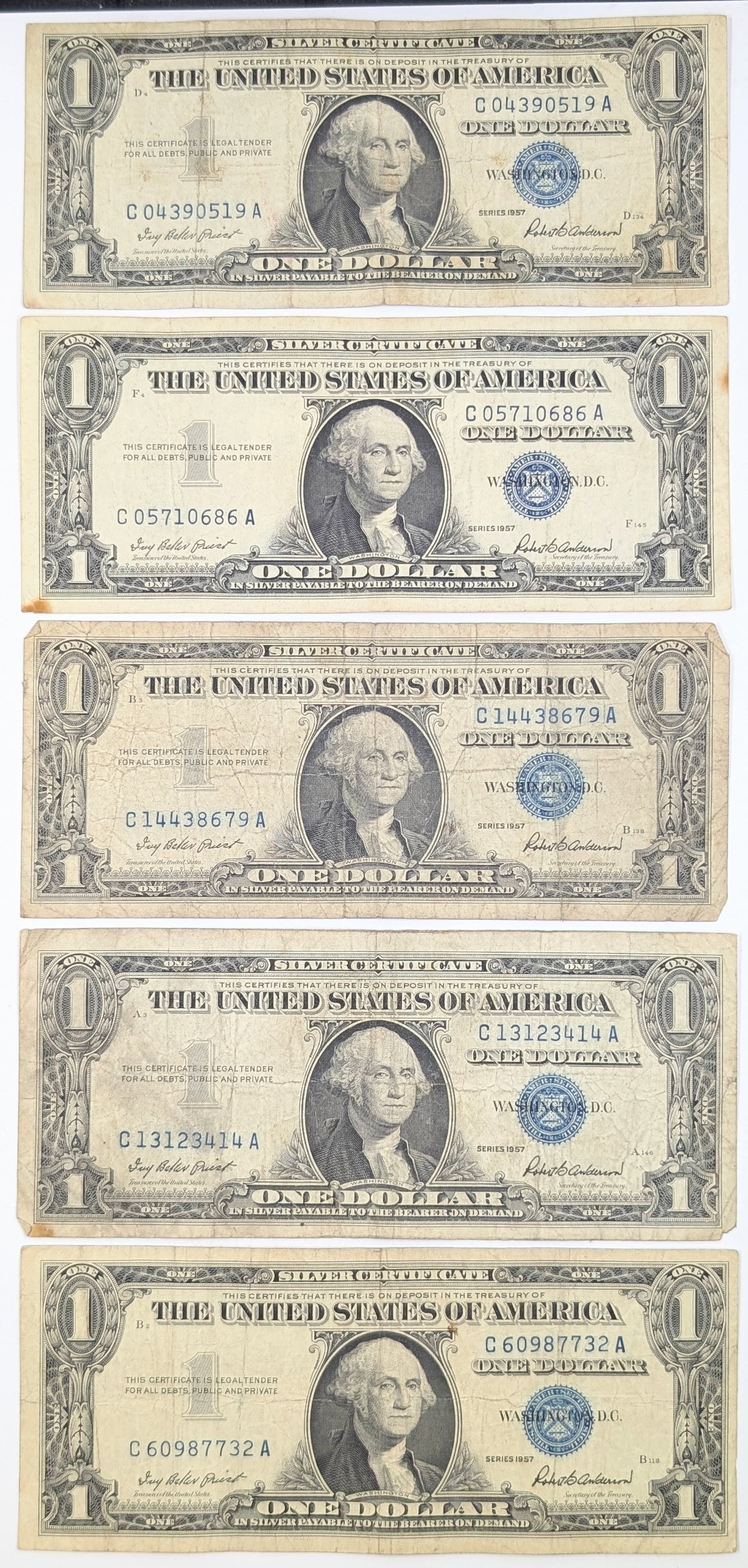 Lot of 5 - 1957 $1 Notes - Silver Certificates: Heavily Circulated Condition