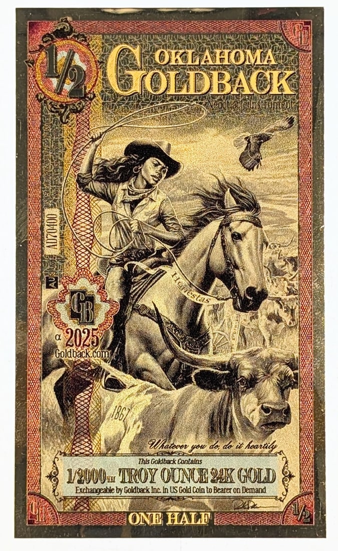 2025 1/2 Oklahoma Goldback 1/2000th Troy Ounce 24K Gold: Goldback