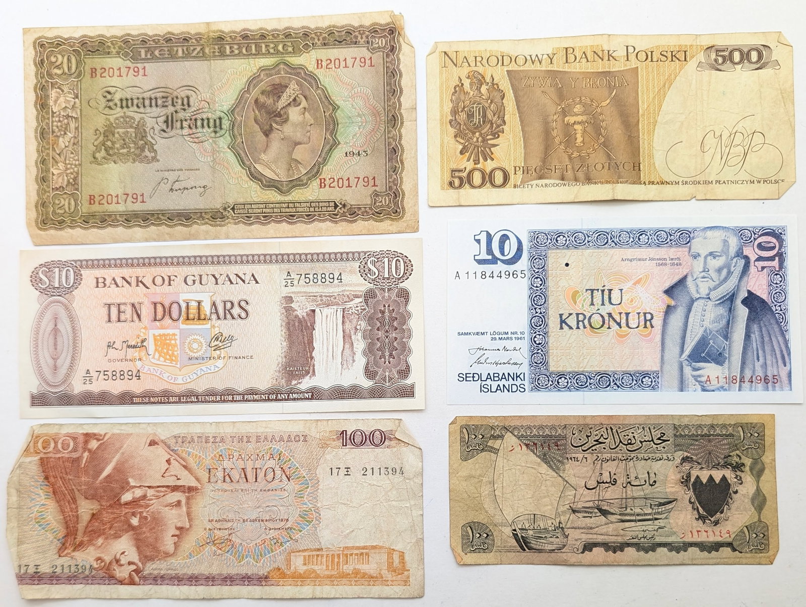 Lot of 6 Foreign Notes - Guyana, Poland, Luxembourg, etc.: Circulated Condition