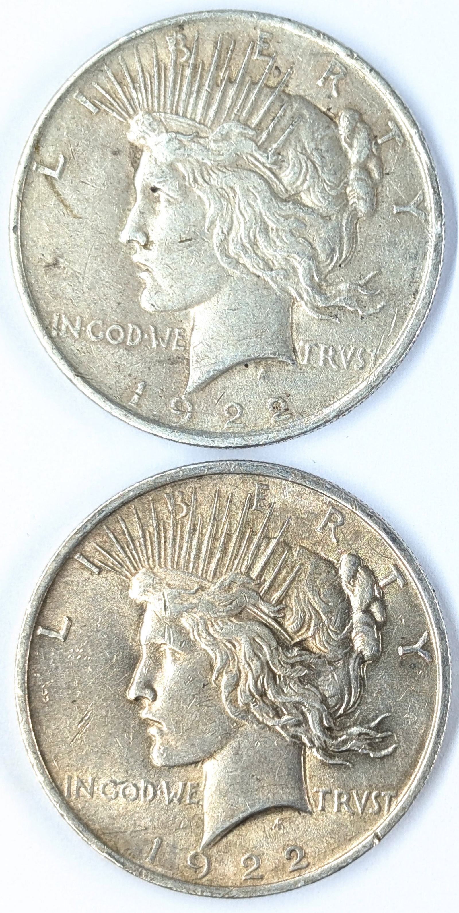 Lot of 2 Silver Peace Dollars - Both 1922: Silver