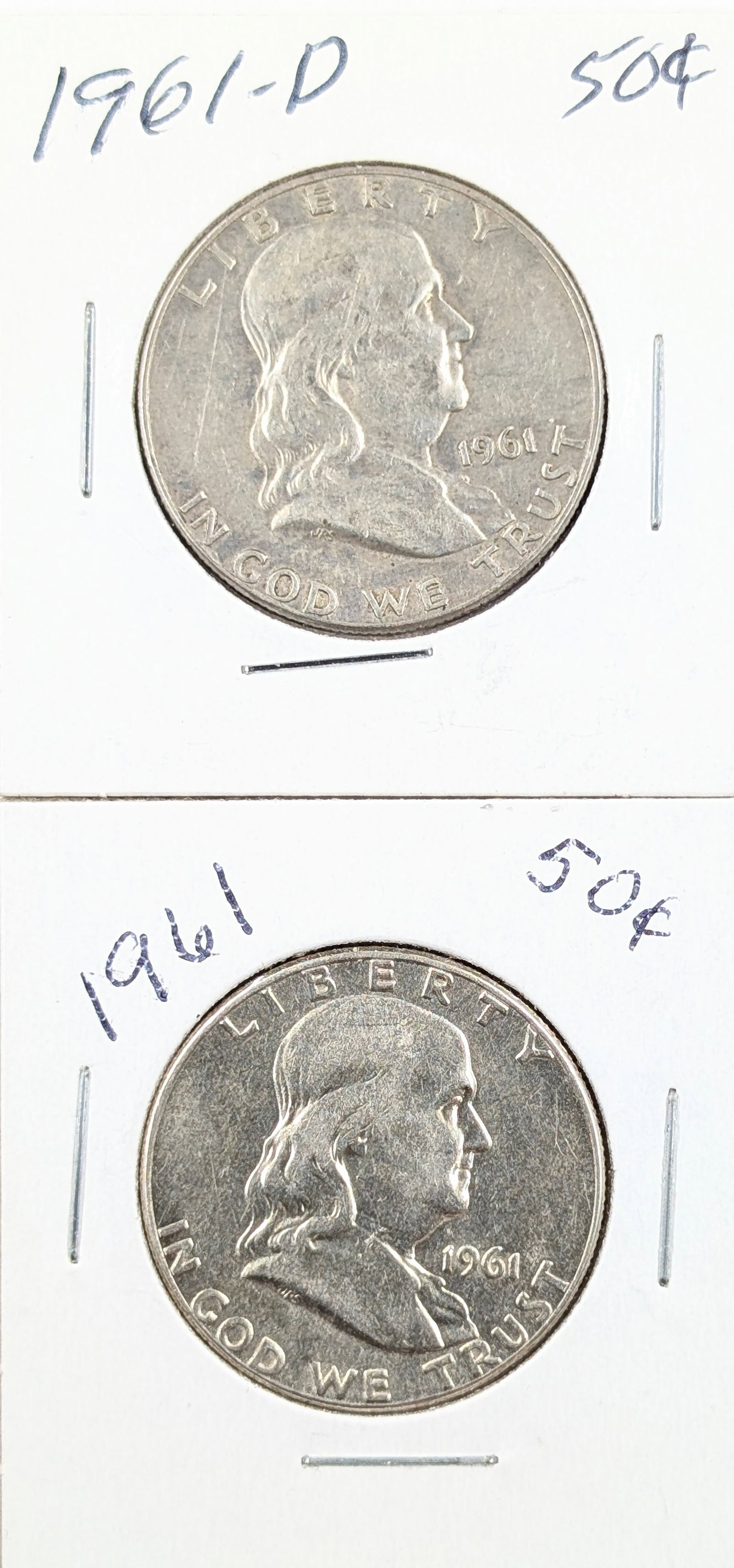 Lot of 2 Silver Franklin Half Dollars - 1961 P/D - Uncirculated: Silver