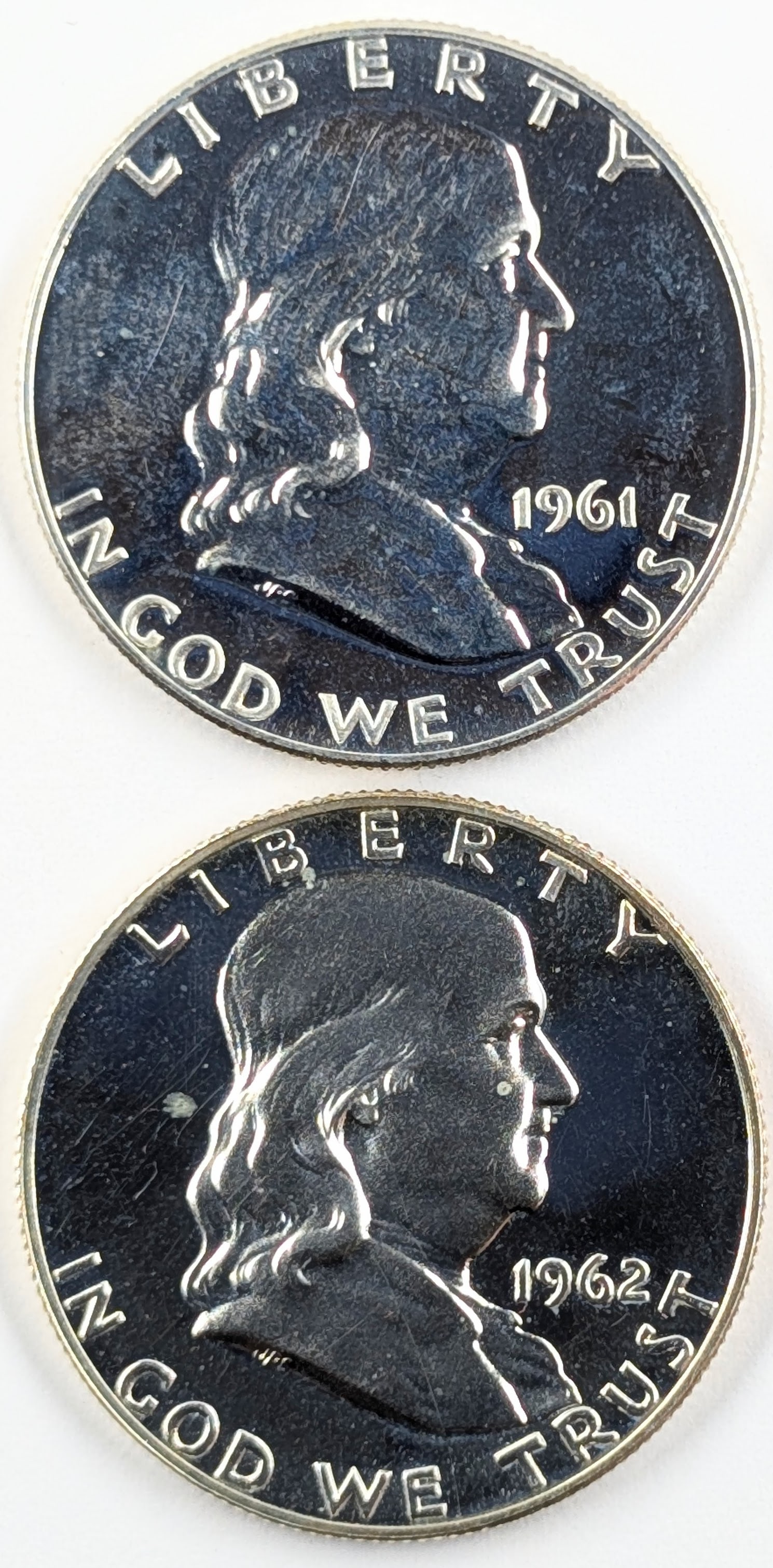 Lot of 2 Silver Franklin Half Dollars - 1961, 1962 - Proofs: Silver