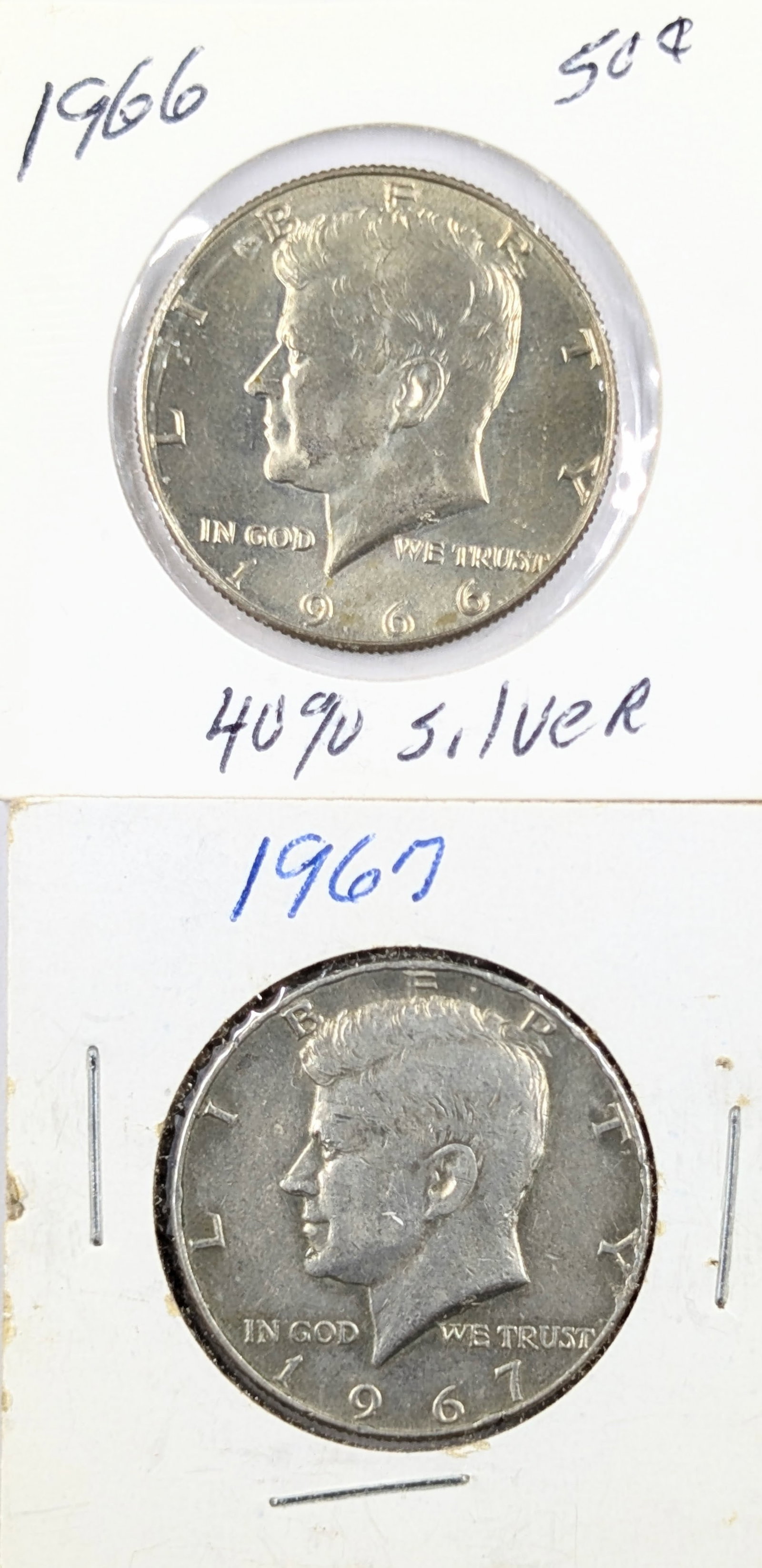 Lot of 2 Silver John F Kennedy Half Dollars - 1966, 1967 (1 of 2)
