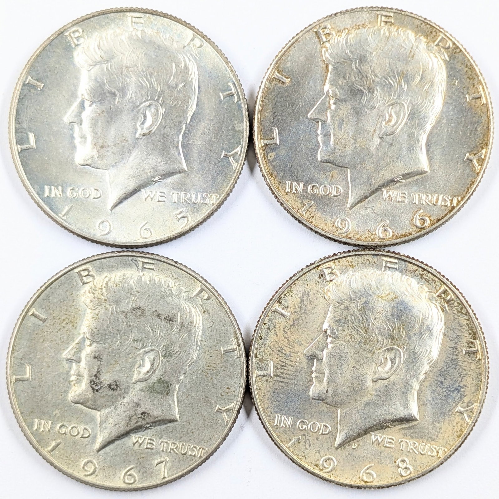 Lot of 4 Silver John F Kennedy Half Dollars - 1965-1968 - Uncirculated (1 of 2)