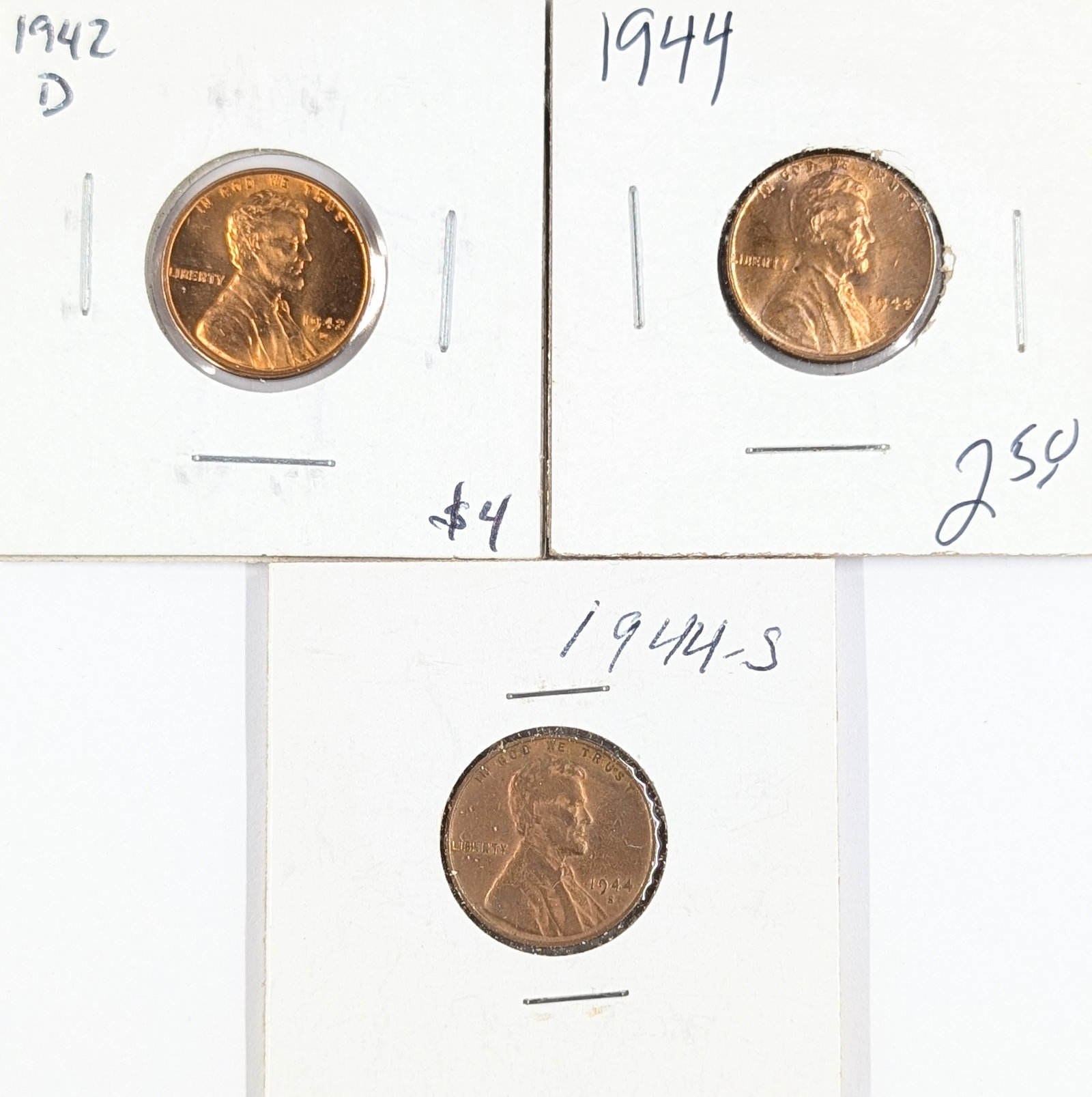 Lot of 3 Wheat Cents - 1942-D, 1944 P/S - Some Uncirculated: Coin